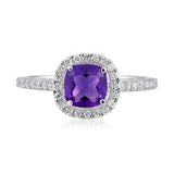 Certified 10K Gold 1ct Natural Diamond w/ Simulated Amethyst Feb Cushion White Ring