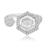 Certified 18K Gold 3ct Lab Created Diamond D-VVS Rose-Cut Hexagon Solitaire Halo White Ring