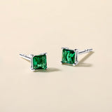 Certified 14K Gold 0.4ct Simulated Emerald Designer Square Stud White Earrings