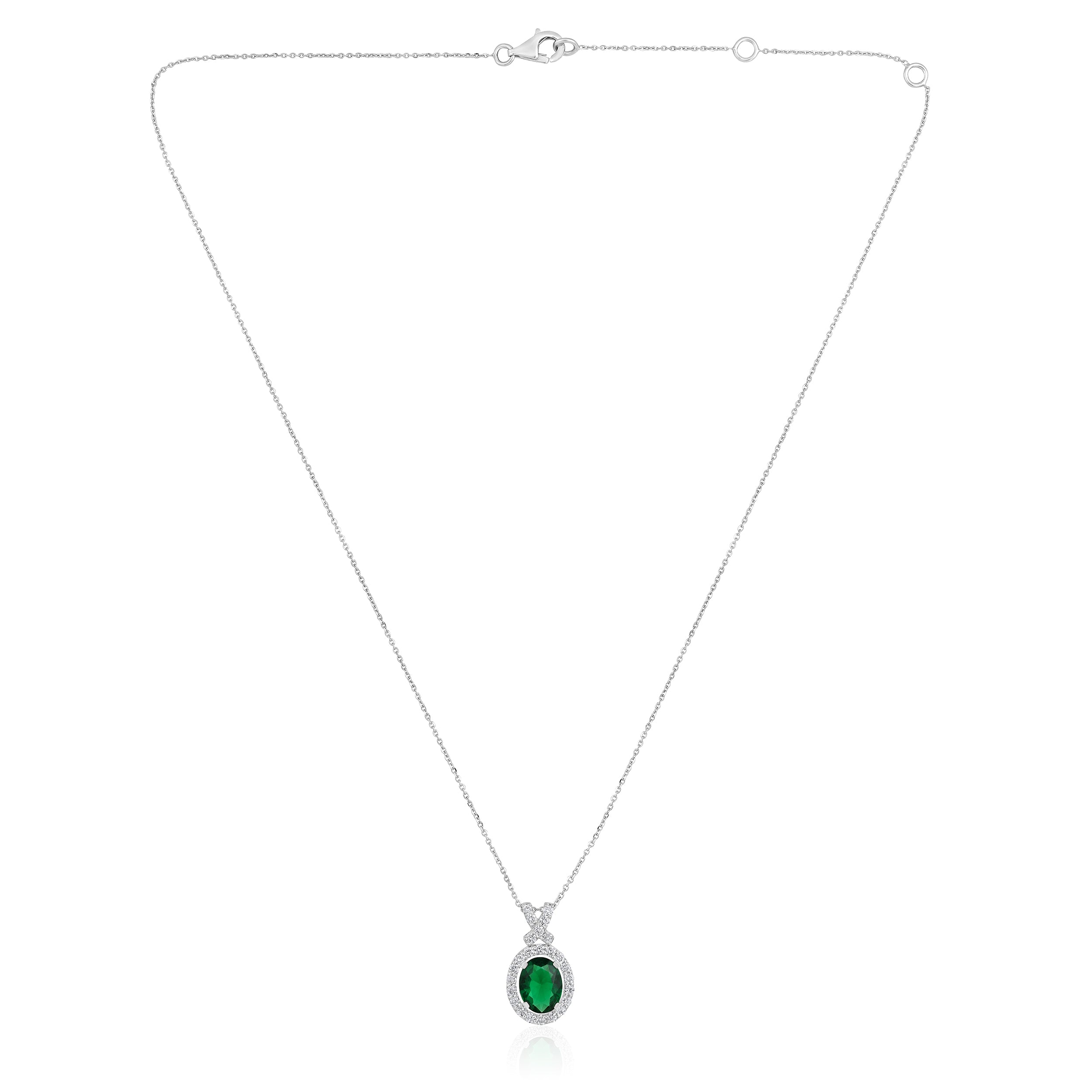 Certified 14K Gold 1.8ct Natural Diamond w/ Simulated Emerald Oval Solitaire X White Necklace