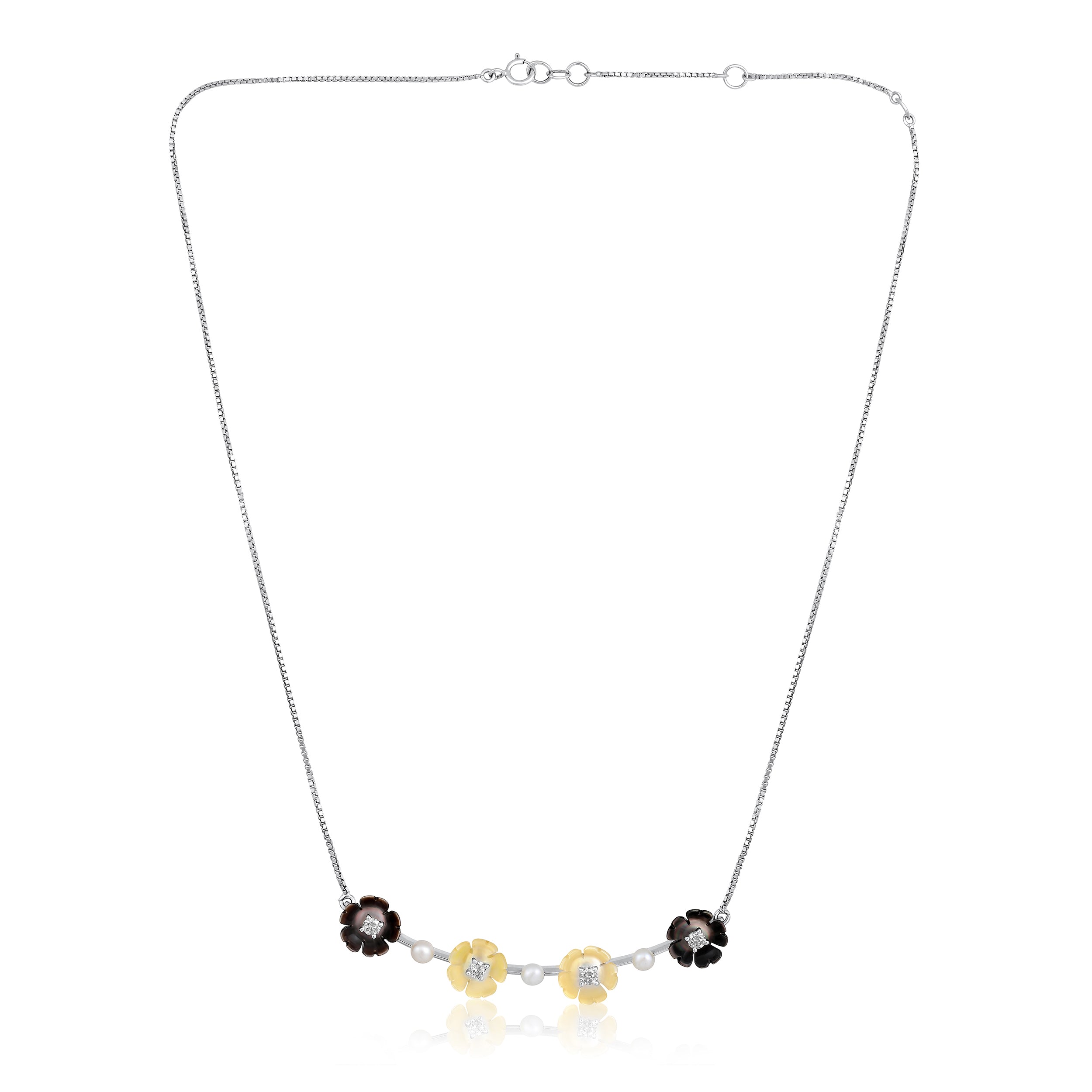 Certified 14K Gold 3.9ct Natural Diamond w/ Pearls Black Flower White Necklace