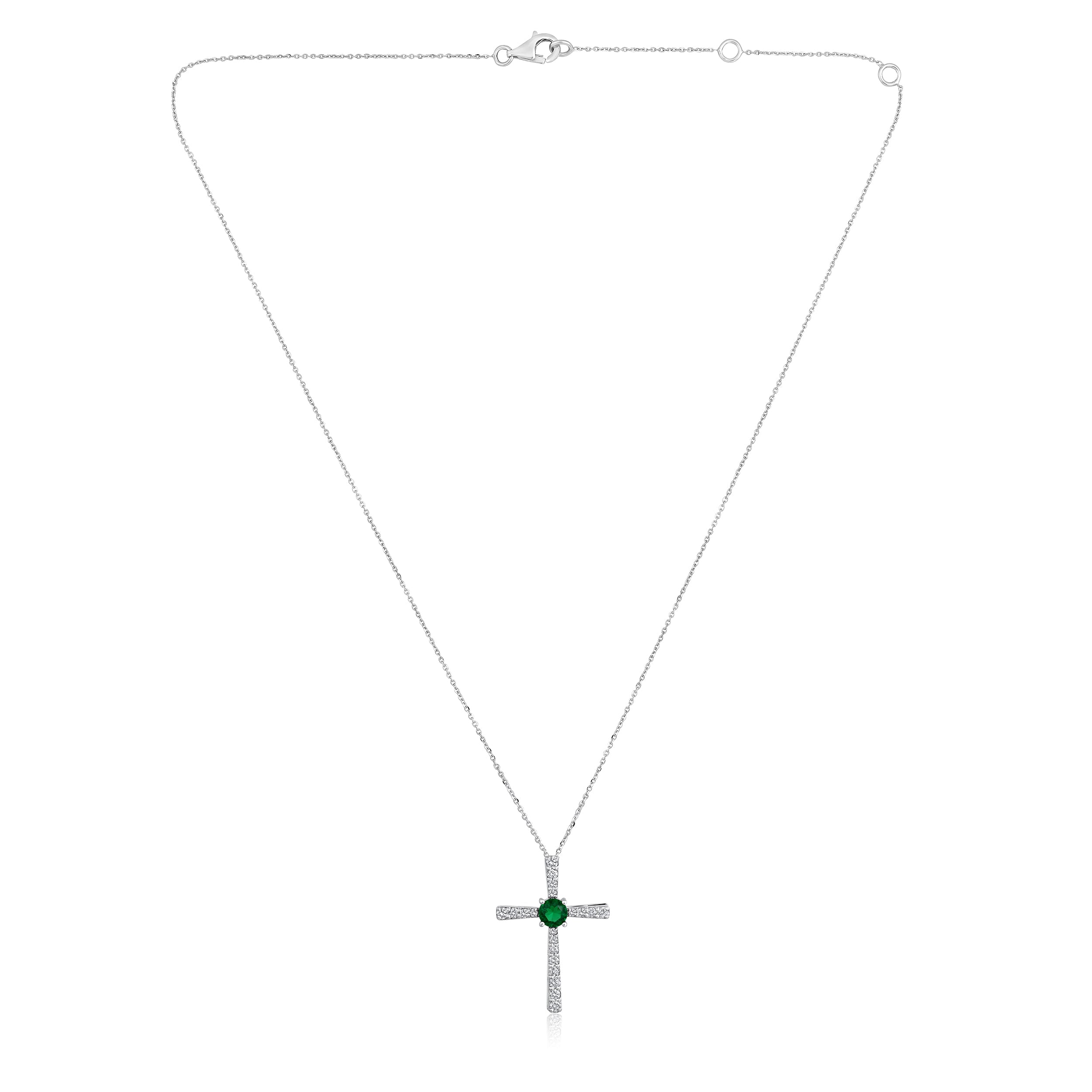 Certified 14K Gold 0.9ct Natural Diamond w/ Simulated Emerald Round Cross White Necklace