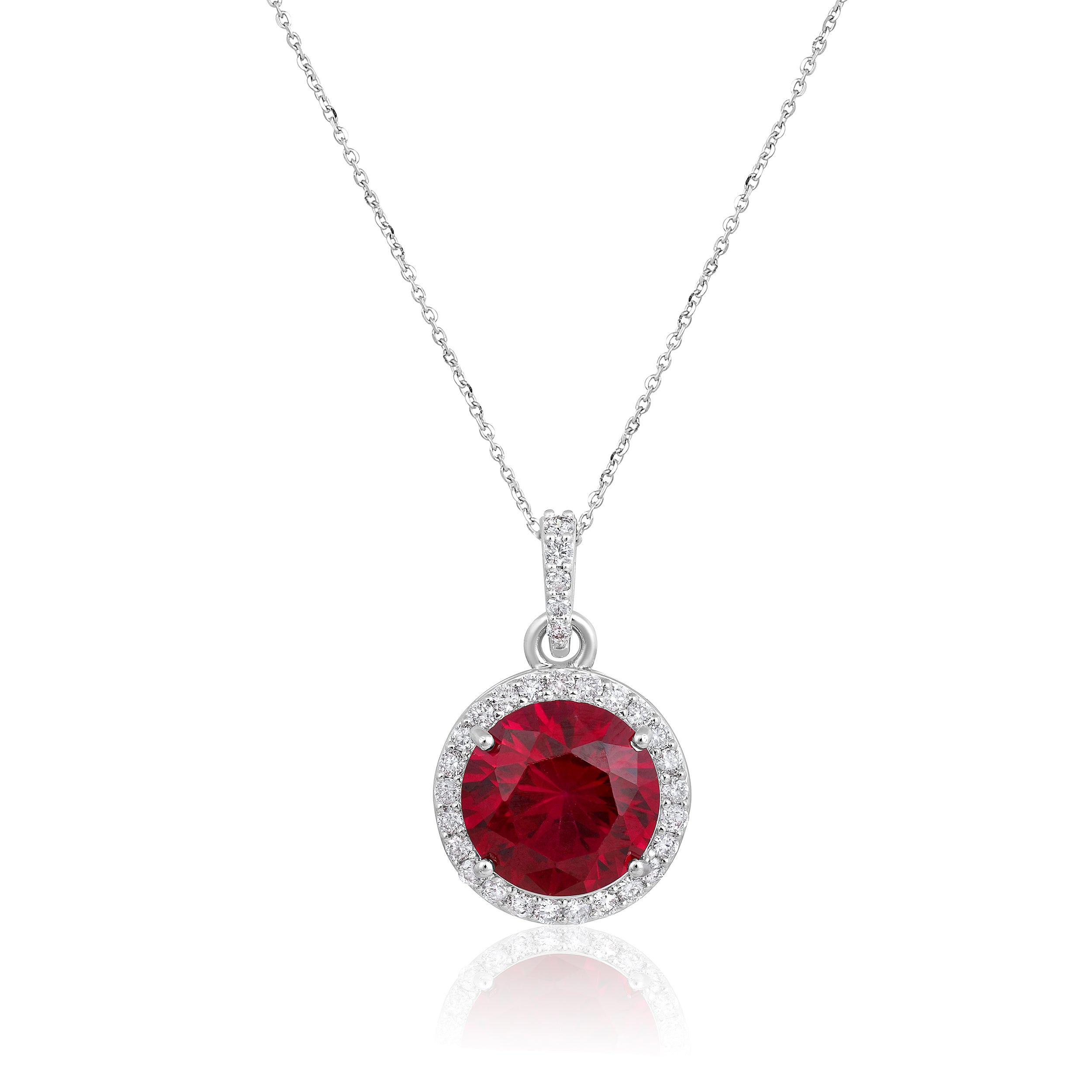 Certified 14K Gold 5ct Natural Diamond w Simulated Ruby Round Solitaire White Necklace