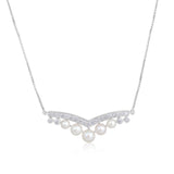 Certified 14K Gold 4.9ct Natural Diamond w/ Cultured Pearls V Curved Graduated White Necklace