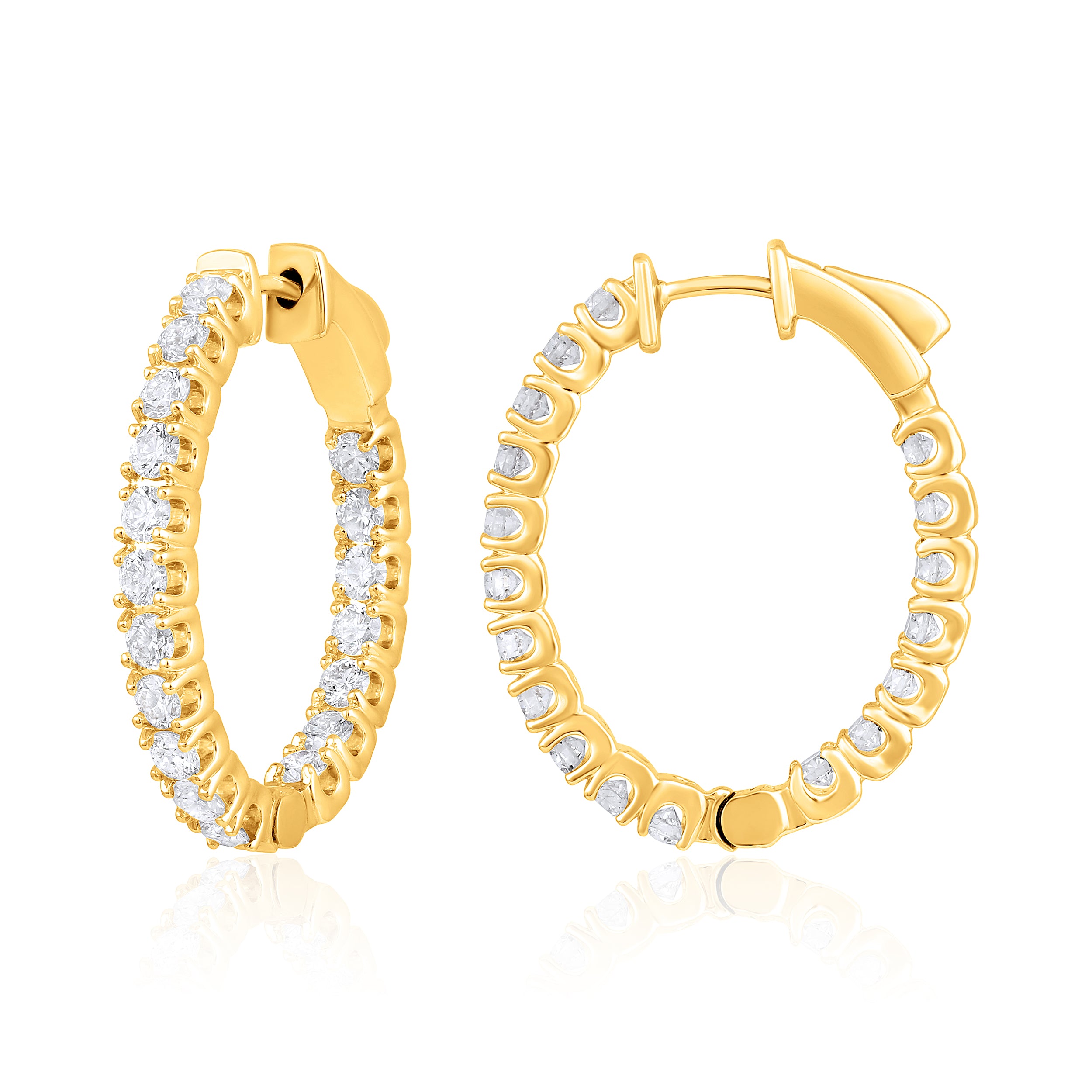 Certified 14K Gold 2ct Natural Diamond G-SI Oval Inside Out 26mm Hoop Yellow Earrings