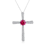 Certified 14K Gold 1ct Natural Diamond w/ Simulated Ruby Round Solitaire Cross White Necklace