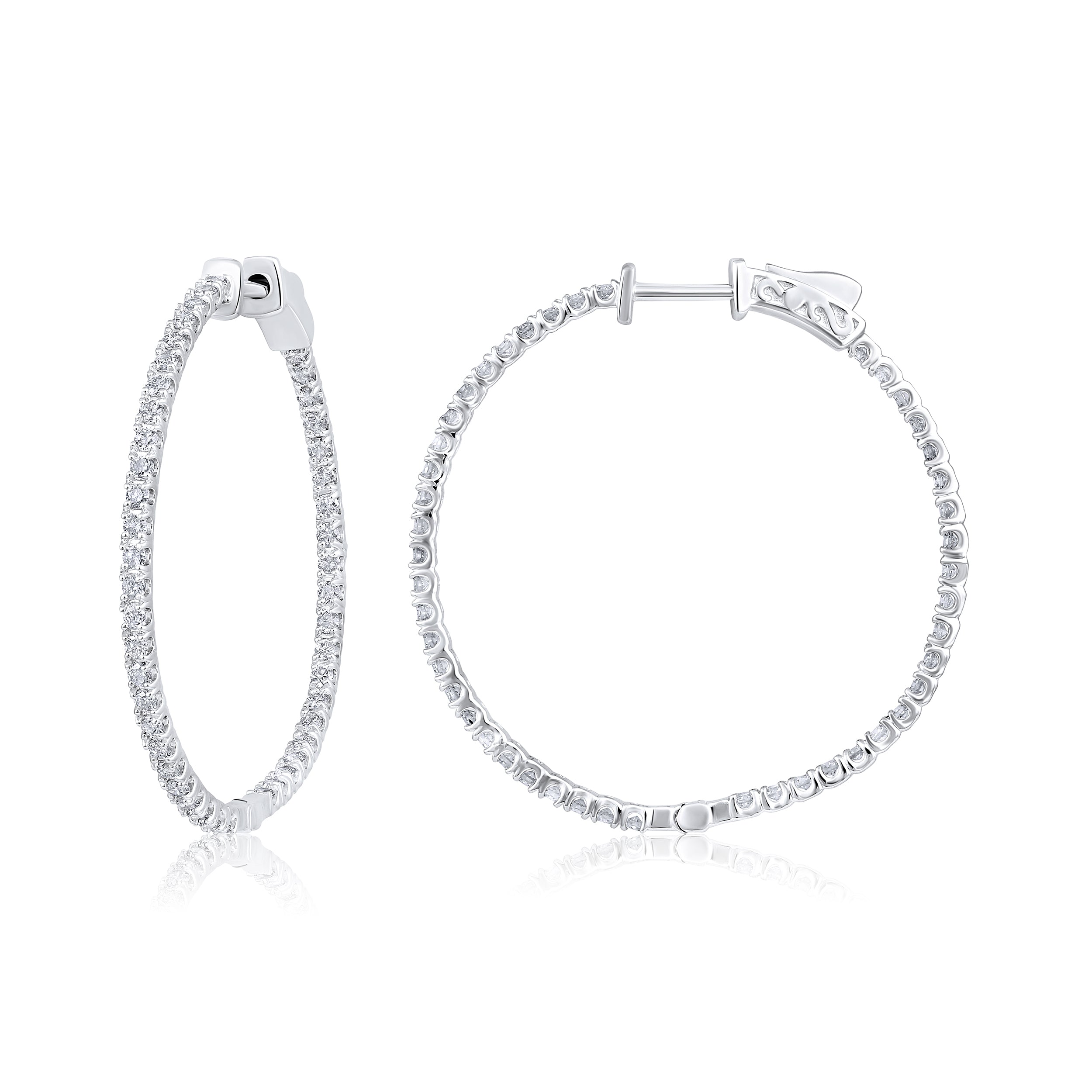 Certified 14K Gold 1ct Natural Diamond G-SI Round Inside Out 32mm Hoop White Earrings