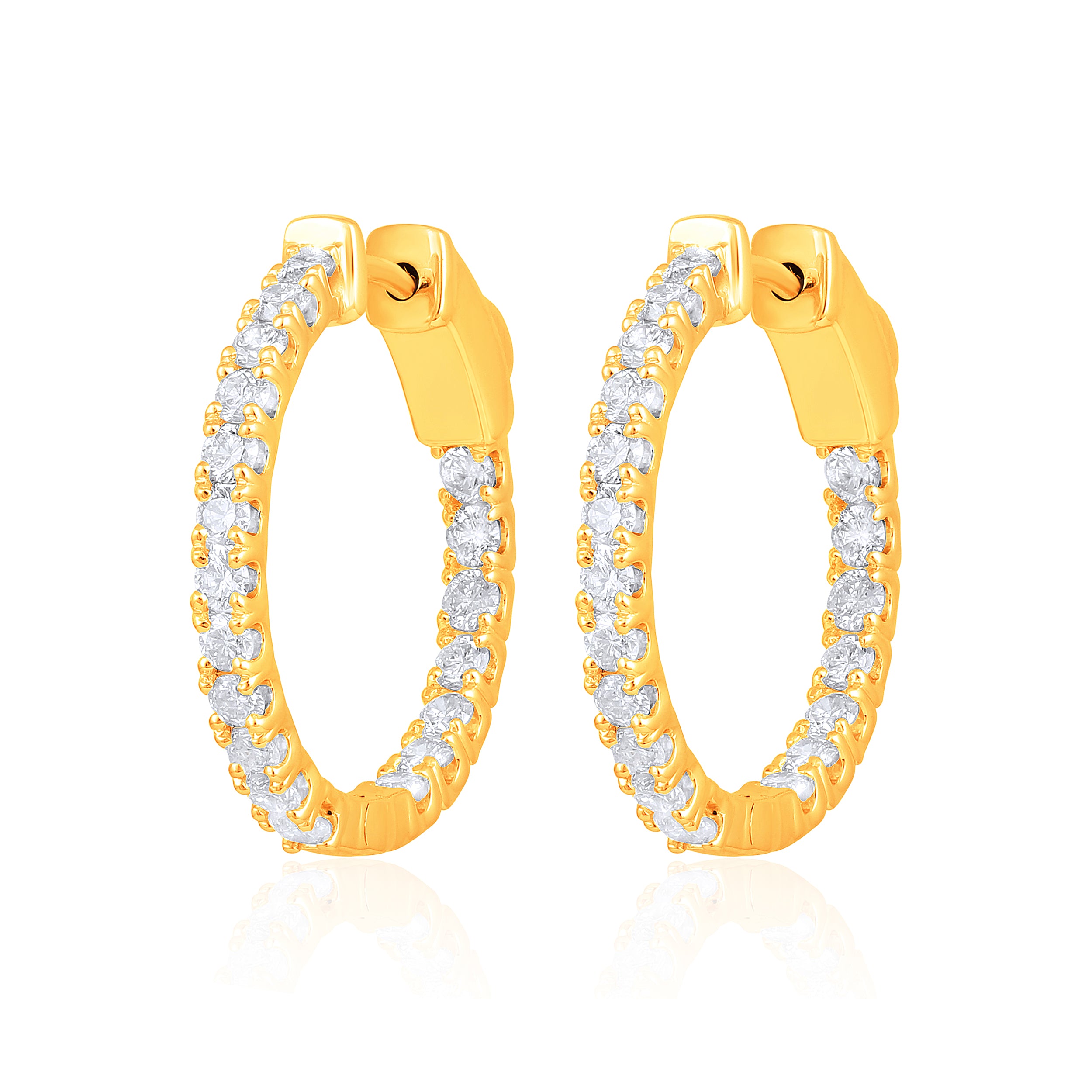 Certified 14K Gold 1ct Natural Diamond G-SI Round Inside Out 20mm Hoop Yellow Earrings