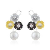 Certified 14K Gold 10ct Natural Diamond w/ Pearls 3 Flower Black Yellow Earrings