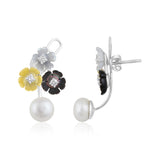 Certified 14K Gold 10ct Natural Diamond w/ Pearls 3 Flower Black Yellow Earrings