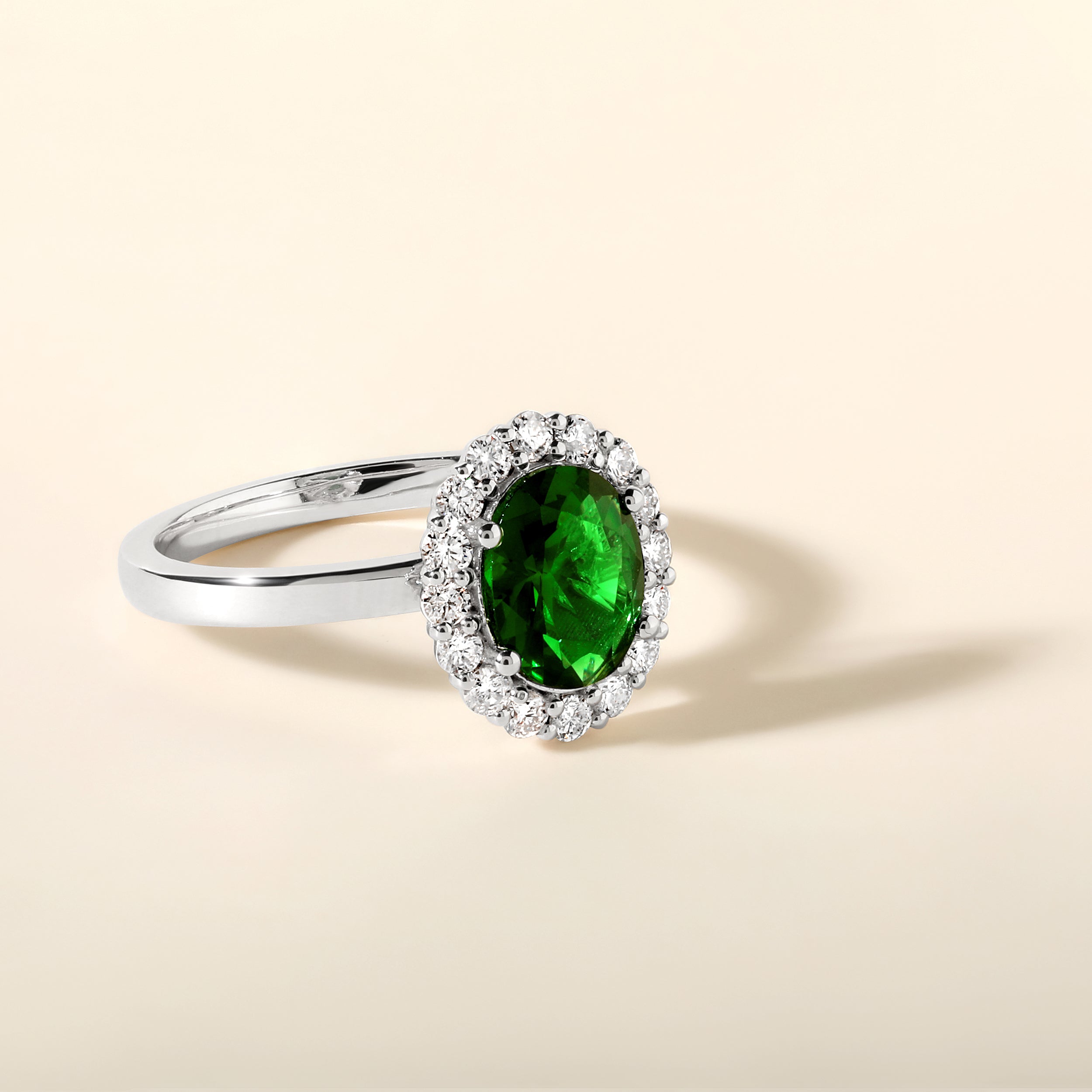 Certified 14K Gold 2.7ct Natural Diamond w/ Simulated Emerald Oval Solitaire Halo White Ring
