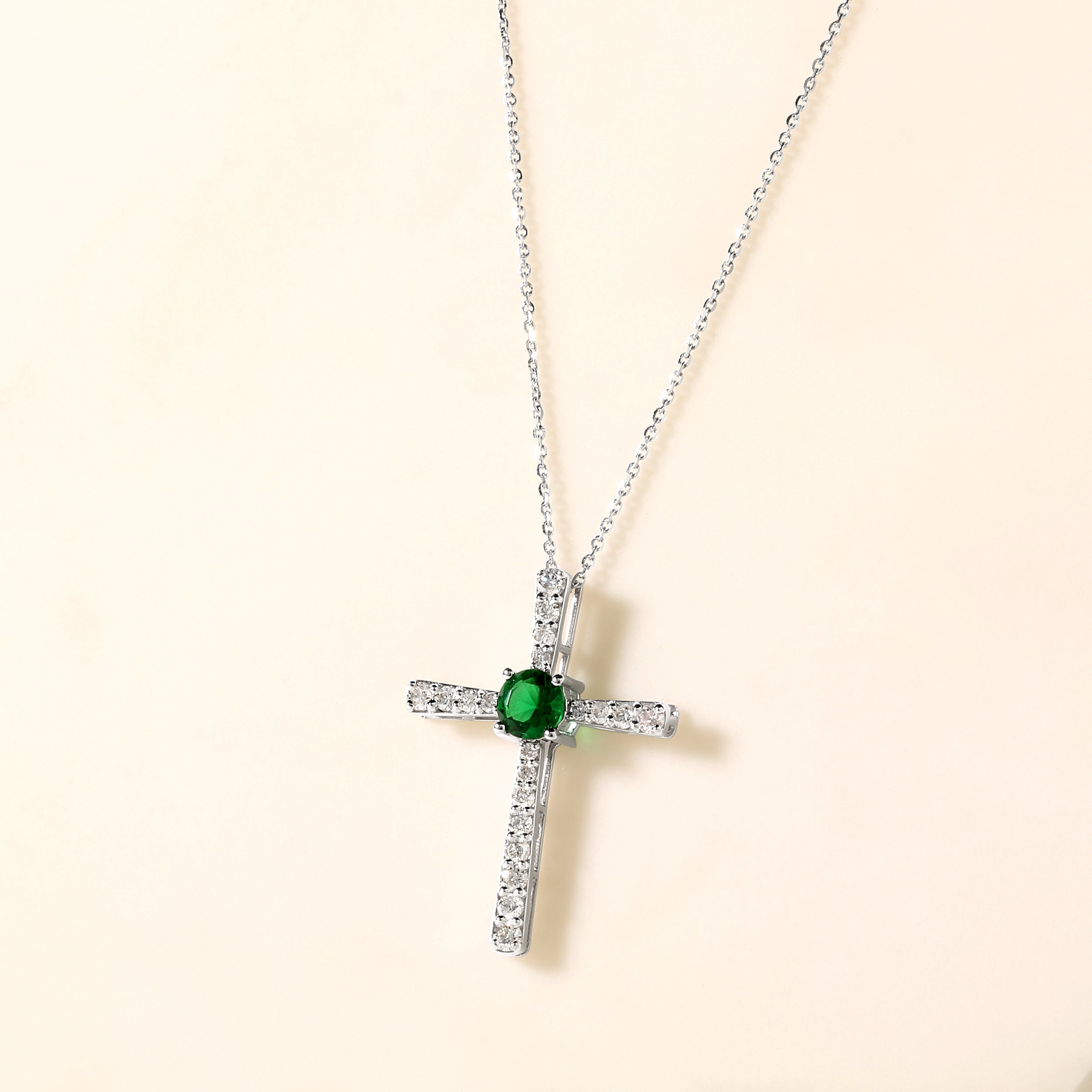 Certified 14K Gold 0.9ct Natural Diamond w/ Simulated Emerald Round Cross White Necklace