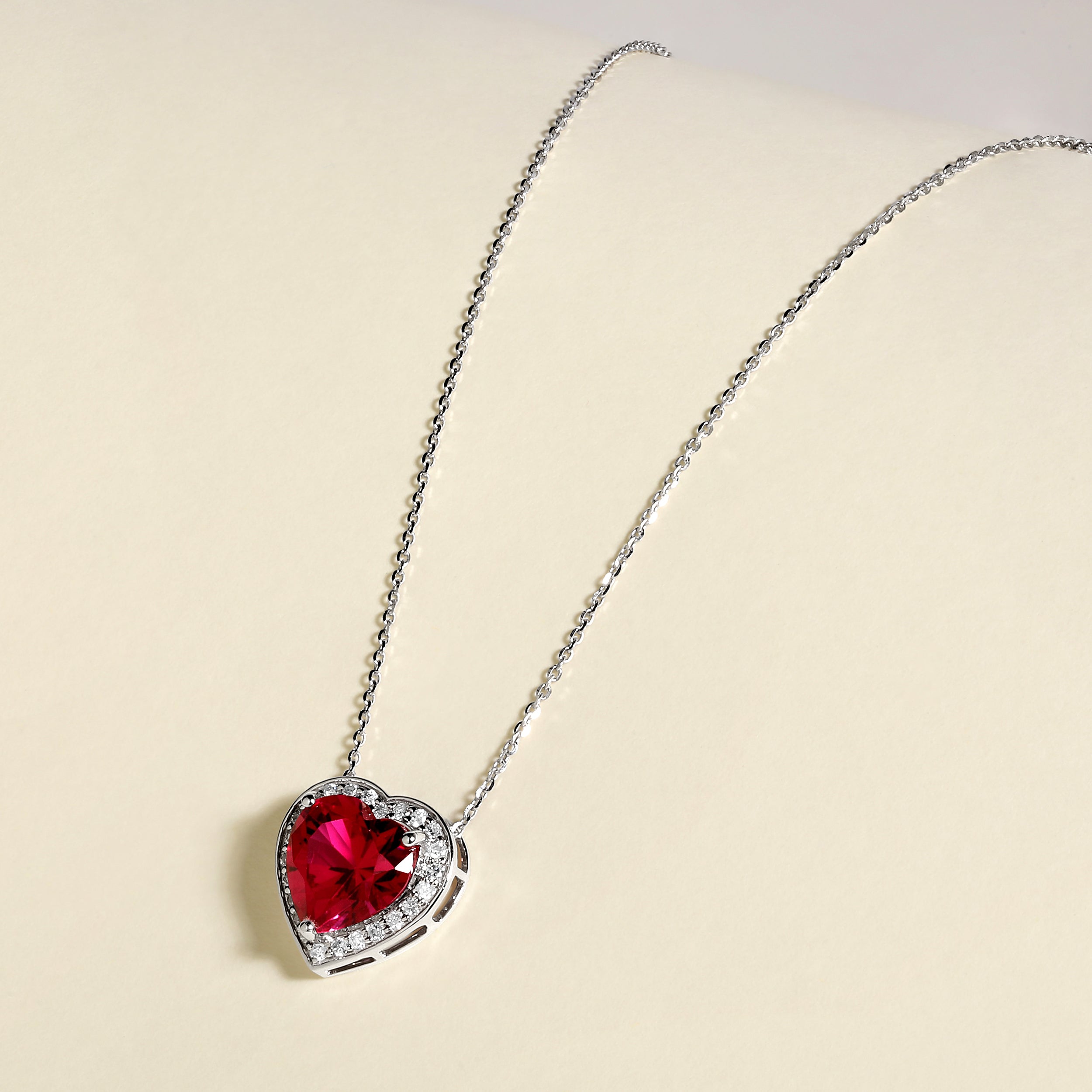 Certified 14K Gold 3.3ct Natural Diamond w/ Simulated Ruby Heart Halo White Necklace