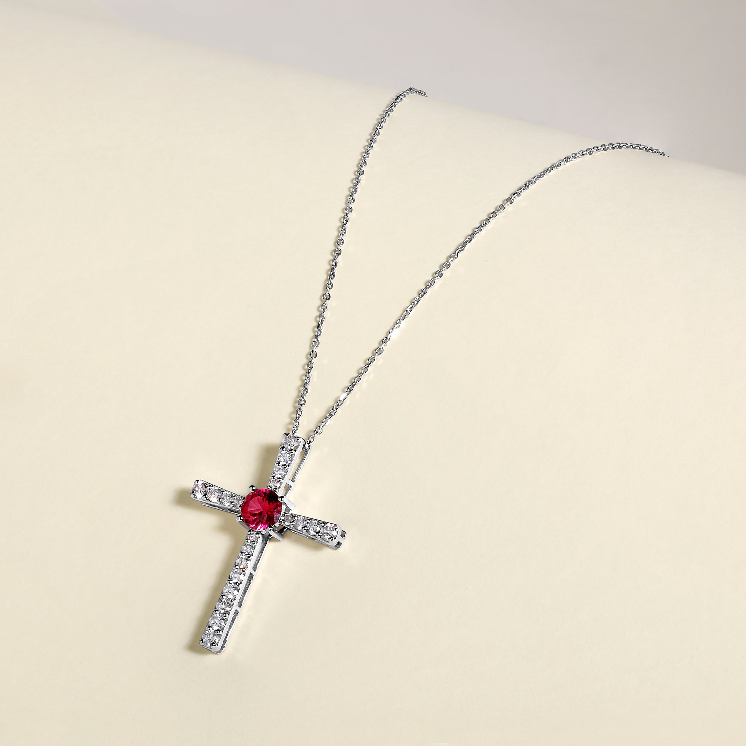 Certified 14K Gold 1ct Natural Diamond w/ Simulated Ruby Round Solitaire Cross White Necklace
