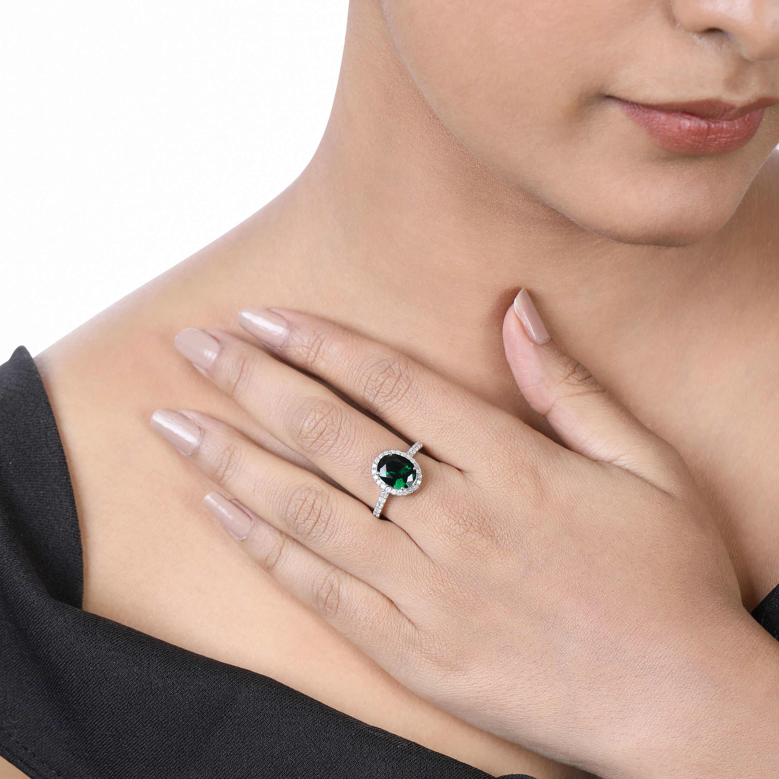 Certified 14K Gold 2.6ct Natural Diamond w/ Simulated Emerald Oval Halo Solitaire White Ring