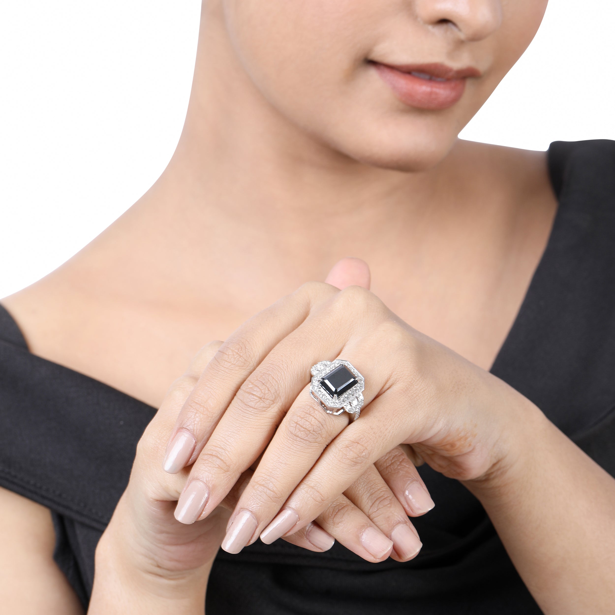 Certified 14K Gold 7.9ct Natural Diamond w/ Simulated Black Diamond Emerald White Ring