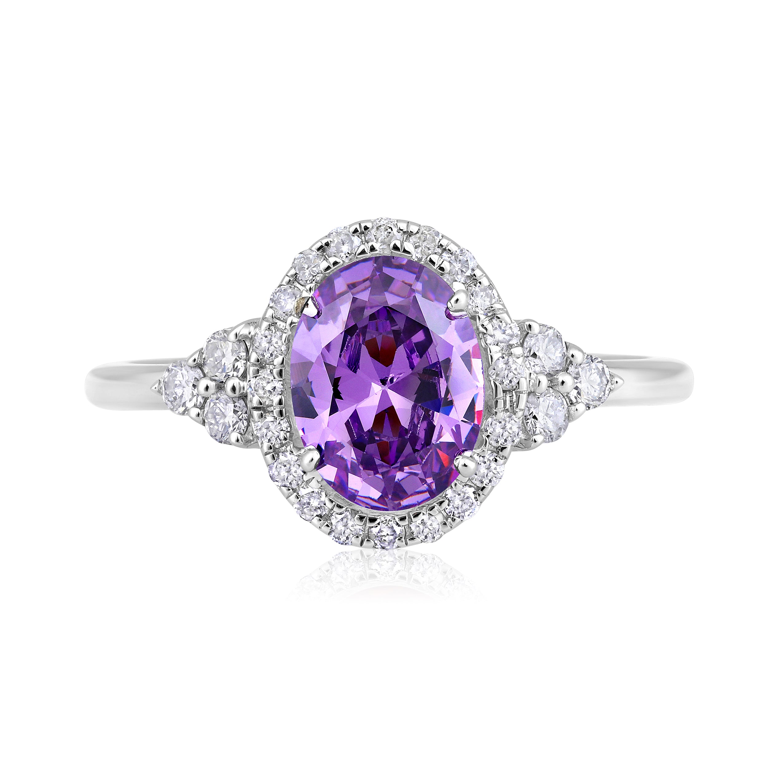 Certified 10K Gold 2.2ct Natural Diamond w Simulated Amethyst February Oval White Ring