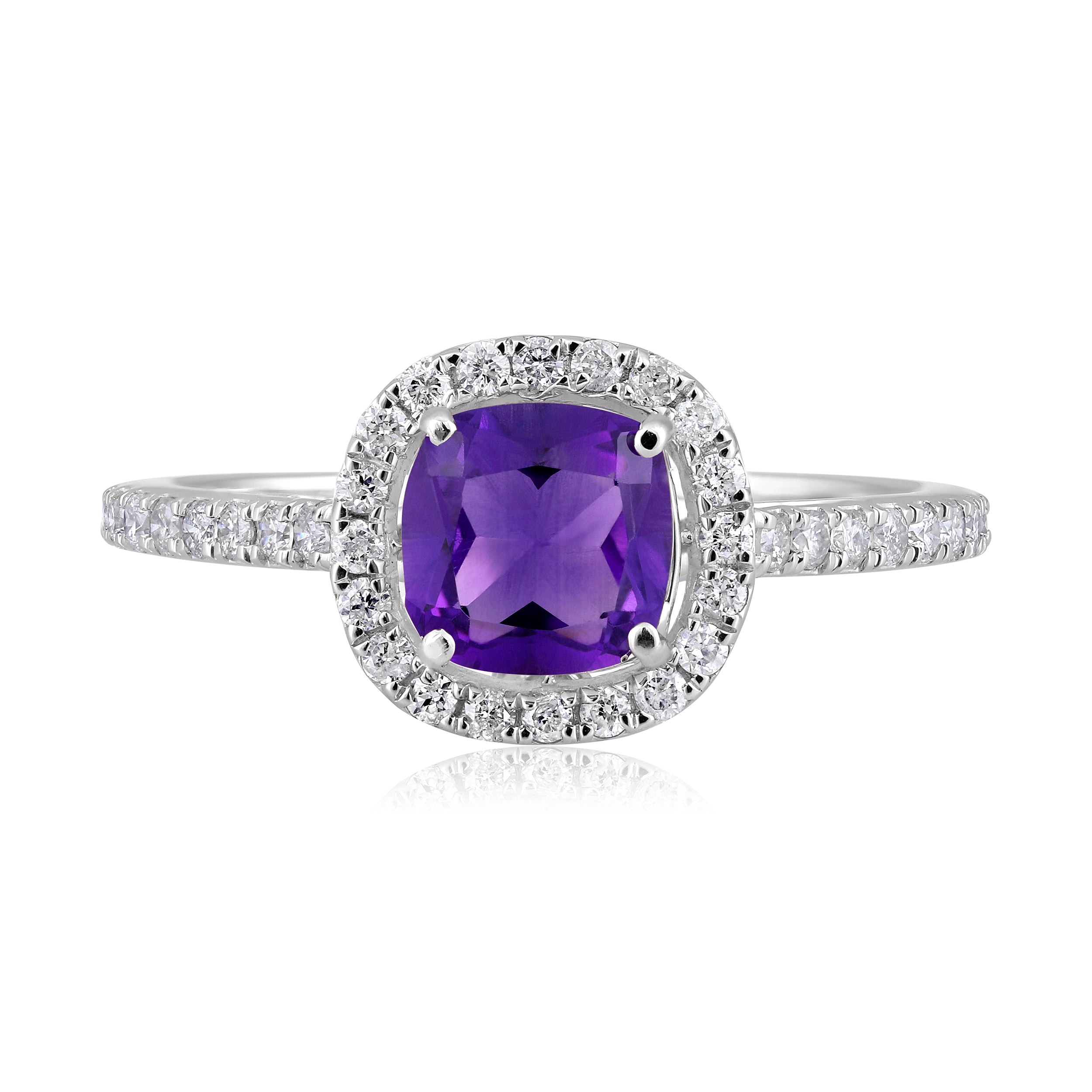 Certified 10K Gold 1ct Natural Diamond w/ Simulated Amethyst Feb Cushion White Ring