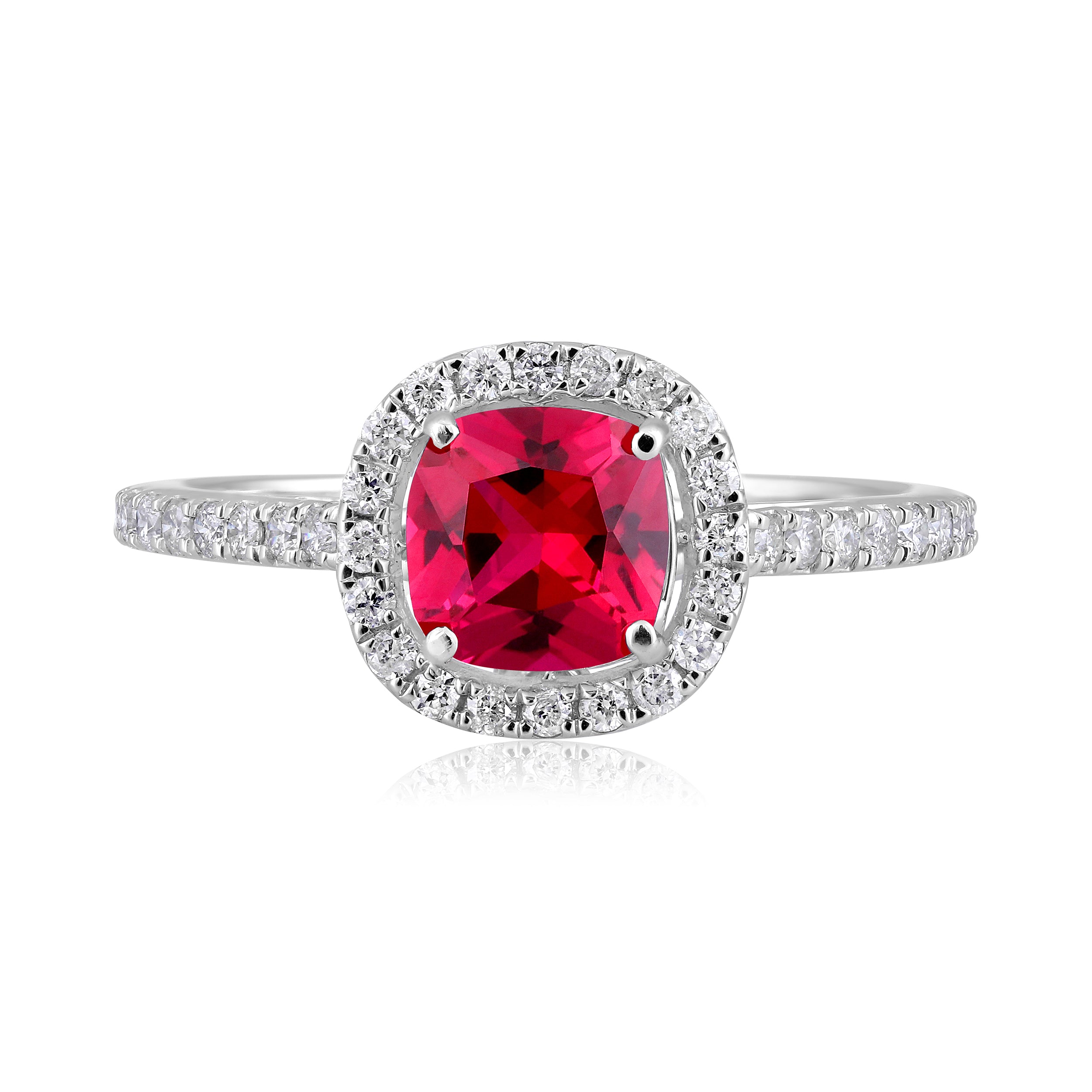 Certified 10K Gold 1.45ct Natural Diamond w/ Simulated Ruby Cushion White Ring