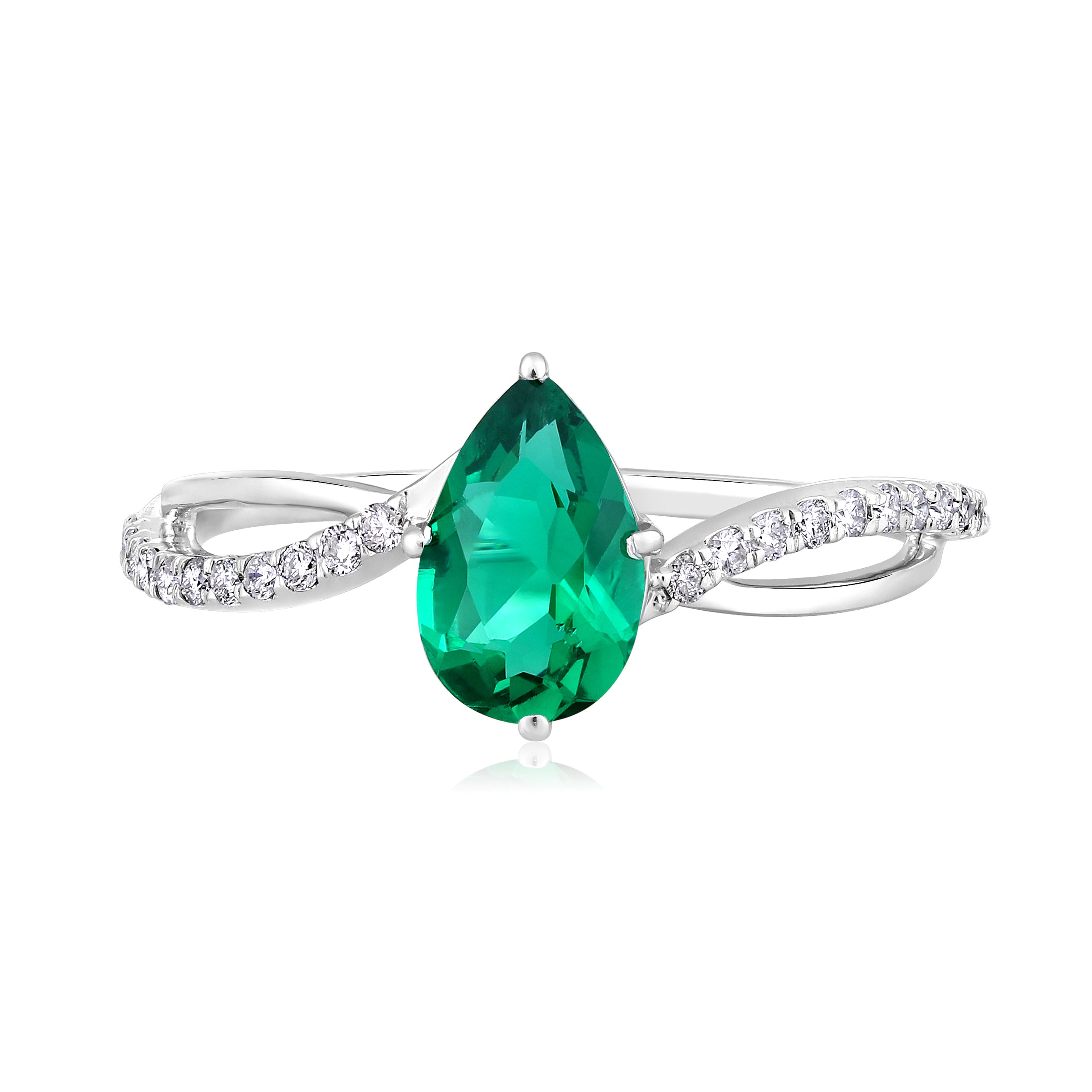 Certified 10K Gold 1ct Natural Diamond w/ Simulated Emerald Pear Twist White Ring