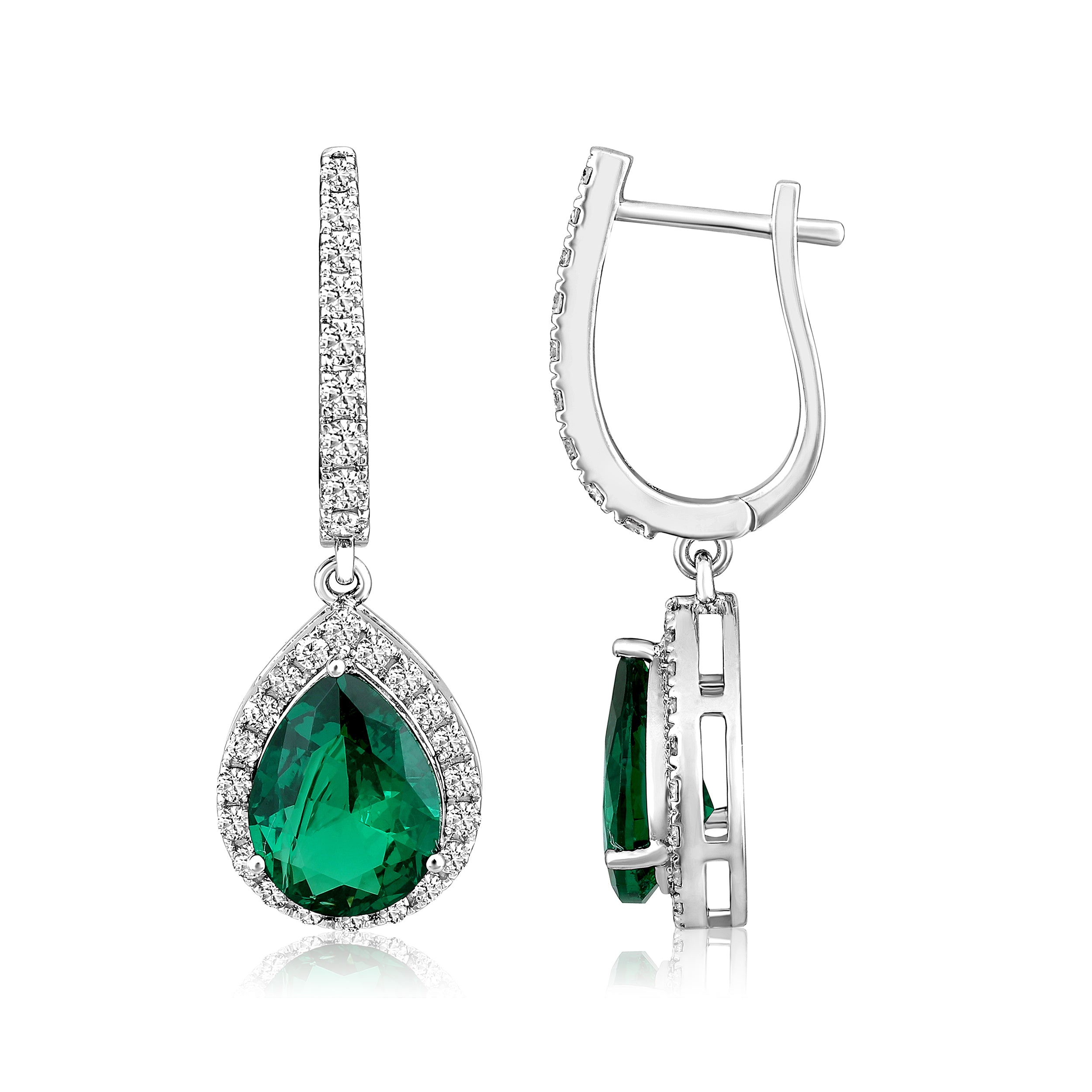 Certified 14K Gold 3.3ct Natural Diamond w/ Simulated Emerald Pear Drop Dangle White Earrings