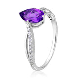 Certified 10K Gold 1ct Natural Diamond w/ Simulated Amethyst February Pear White Ring