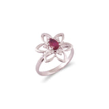 Certified 18K Gold 0.7ct Natural Diamonds w/ Simulated Ruby Pear Flower White Ring