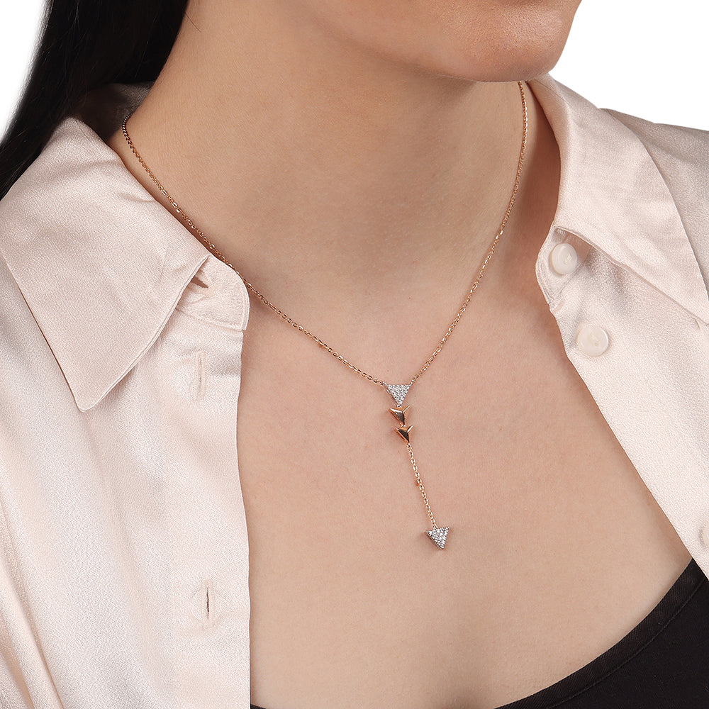 Certified 14K Gold Natural Diamond G-VS Lariat Triangle Y Rose Necklace Earrings Set