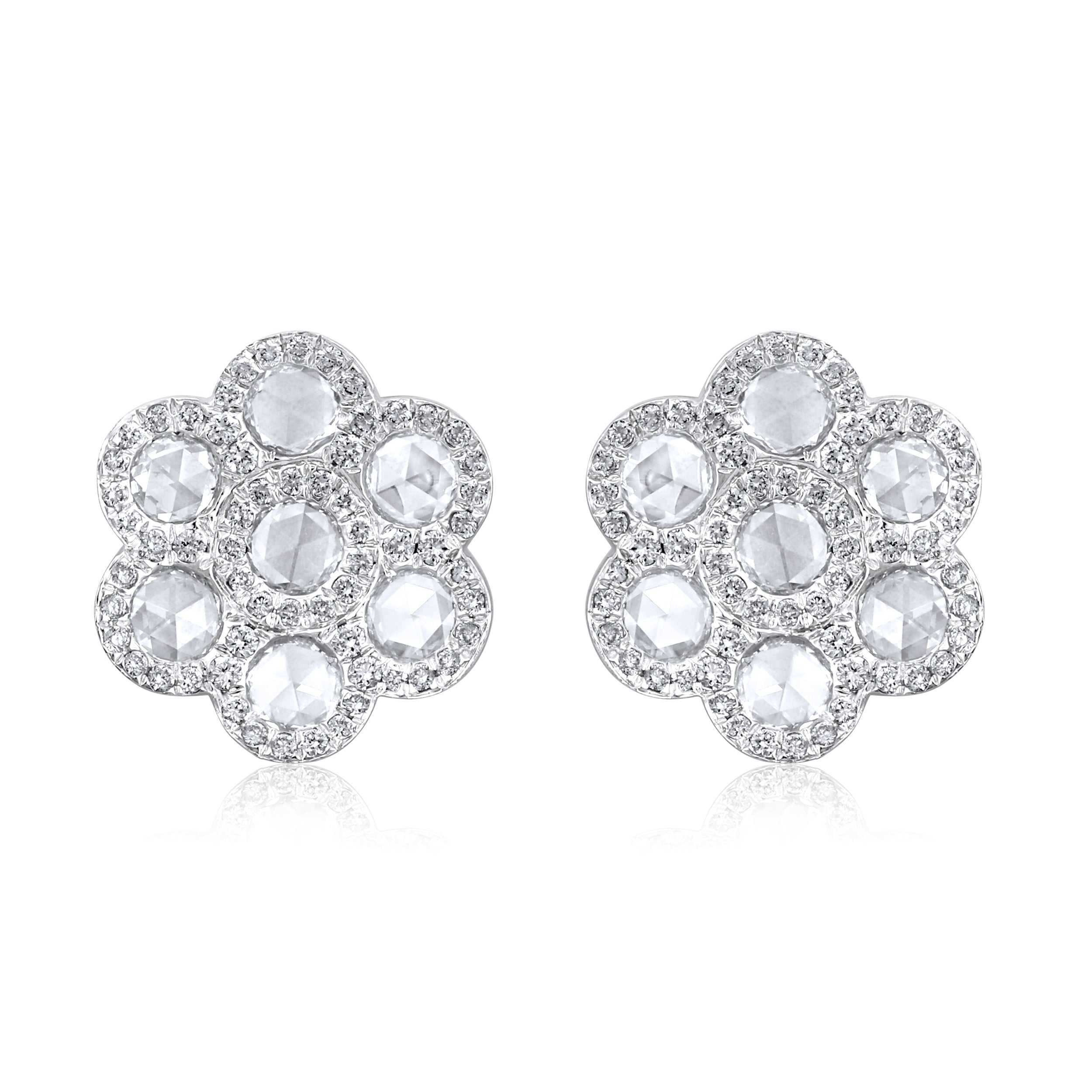 Certified 18K Gold 1.34ct Natural Diamond E-VVS Rose-Cut Floral Stud White Earrings