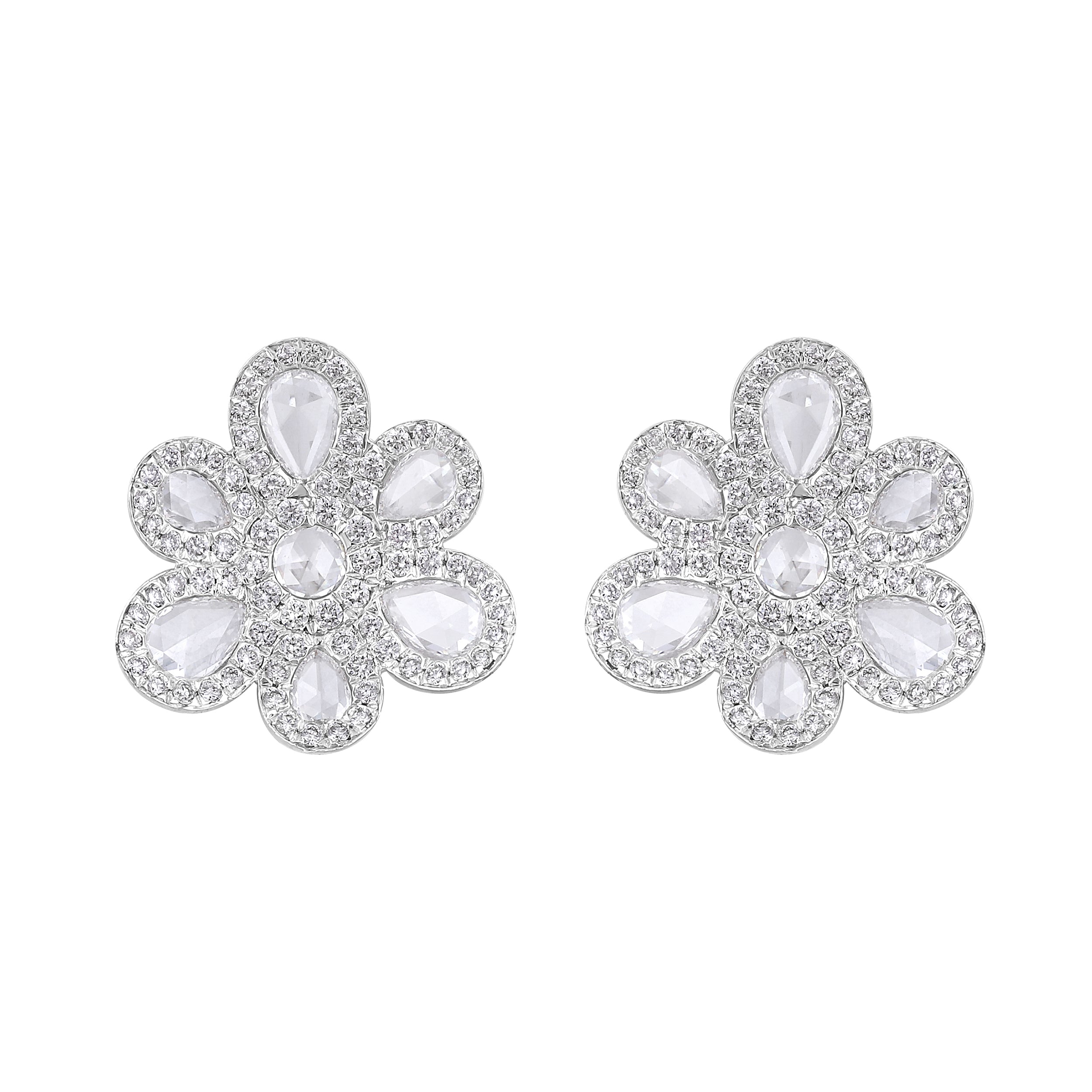 Certified 18K Gold 1.63ct Natural Diamond E-VVS Rose-Cut Floral Stud White Earrings