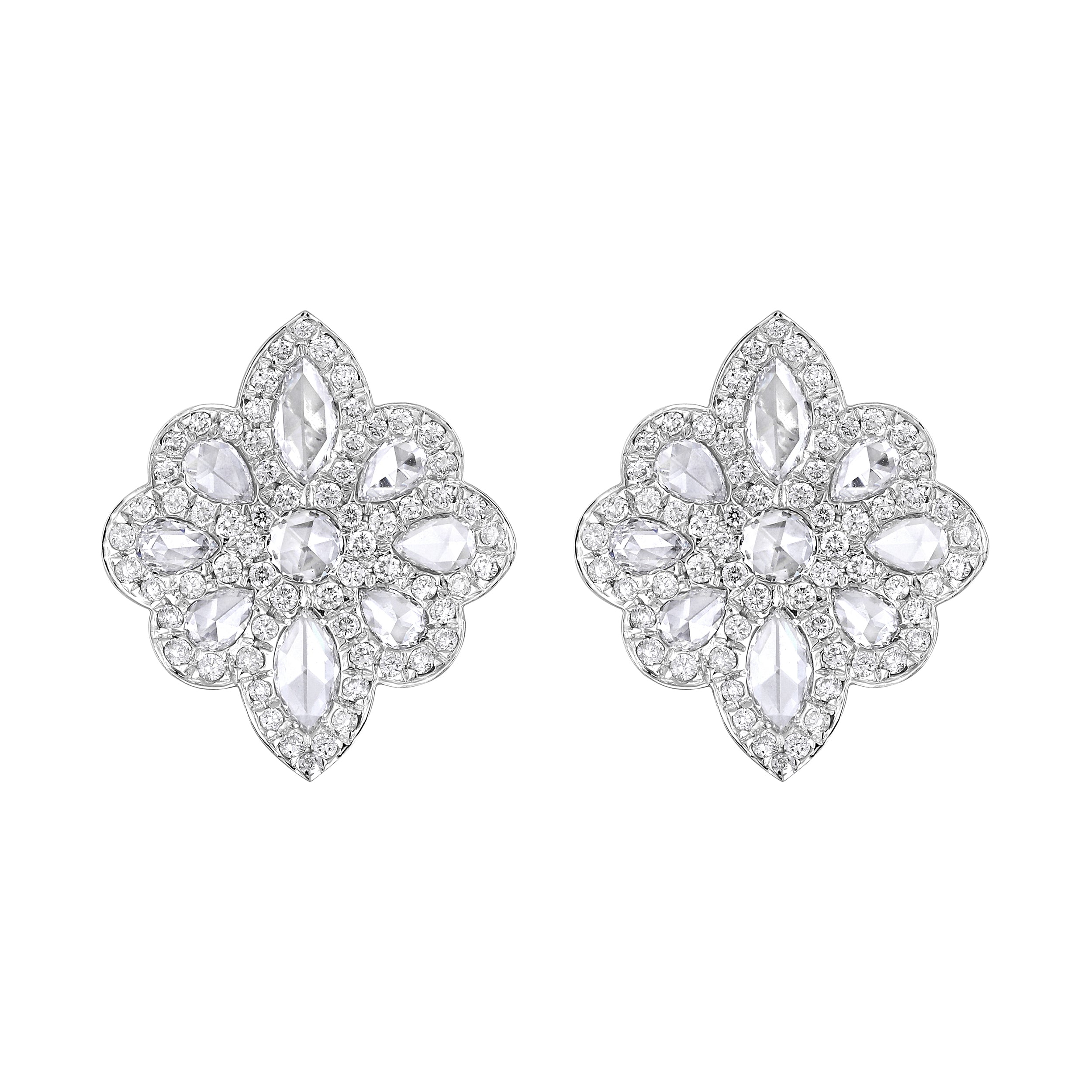 Certified 18K Gold 1.5ct Natural Diamond E-VVS Rose-Cut Floral Stud White Earrings