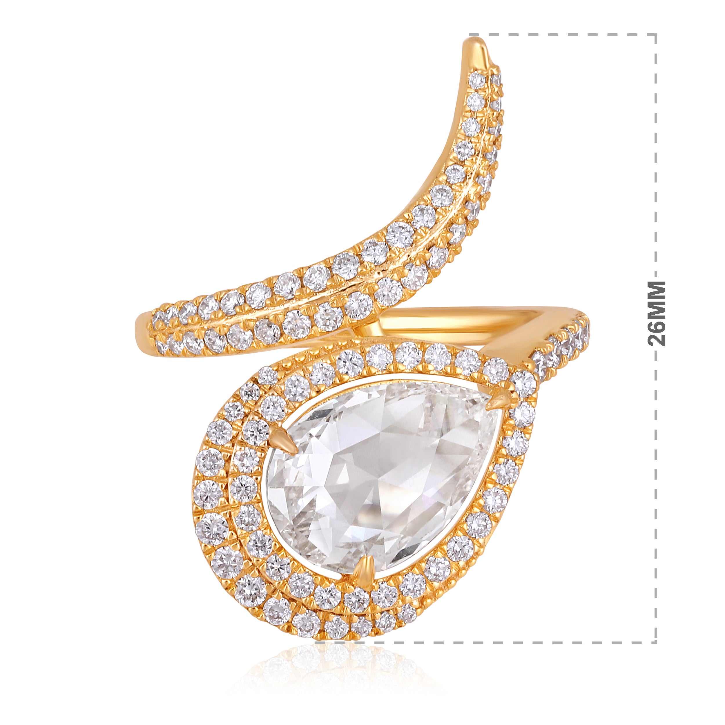 Certified 18K Gold 3.2ct Lab Created Diamond D-VVS Rose-Cut Pear Snake Halo Yellow Ring