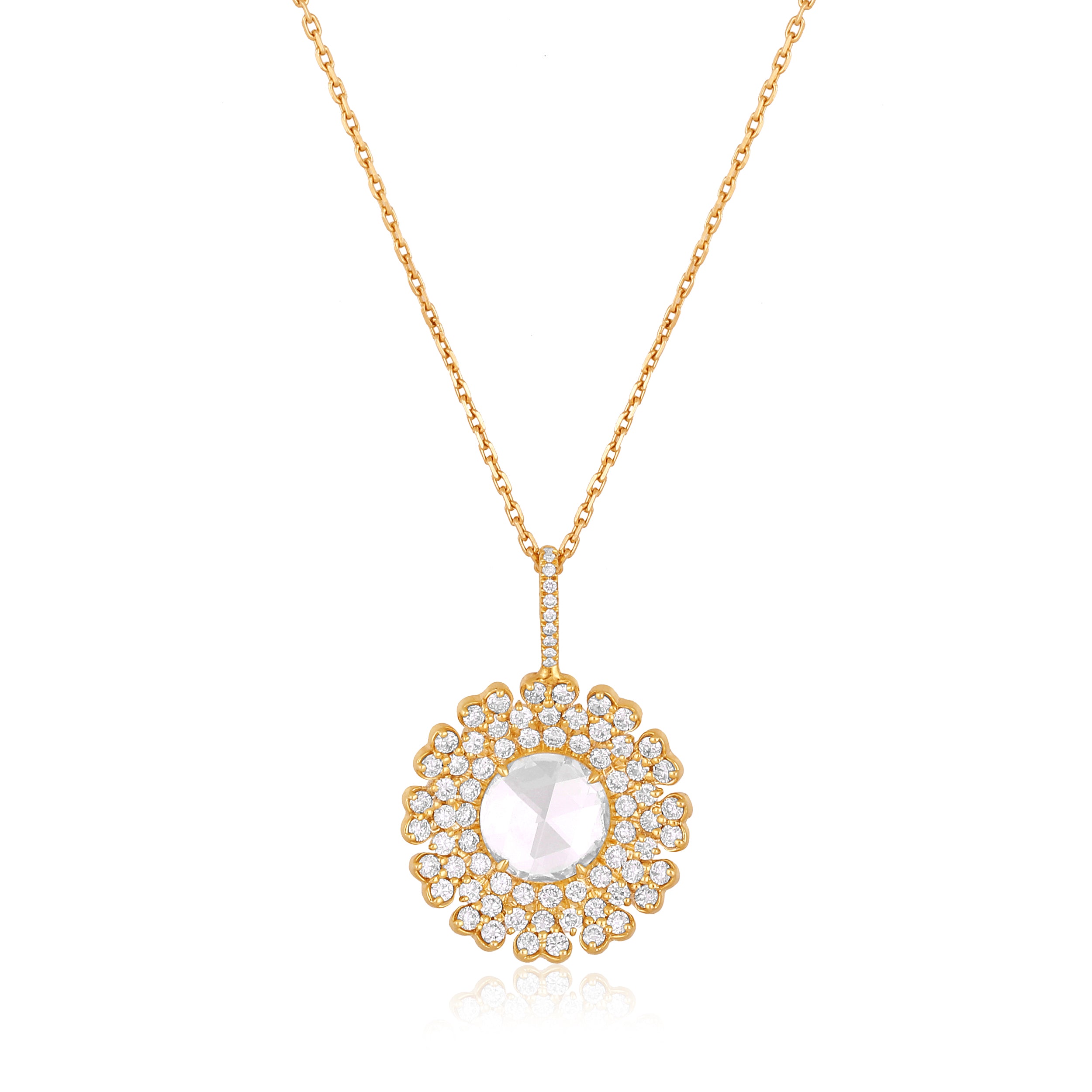 Certified 18K Gold 4.4ct Lab Created Diamond D-VVS Rose Cut Flower Pendant Yellow Necklace