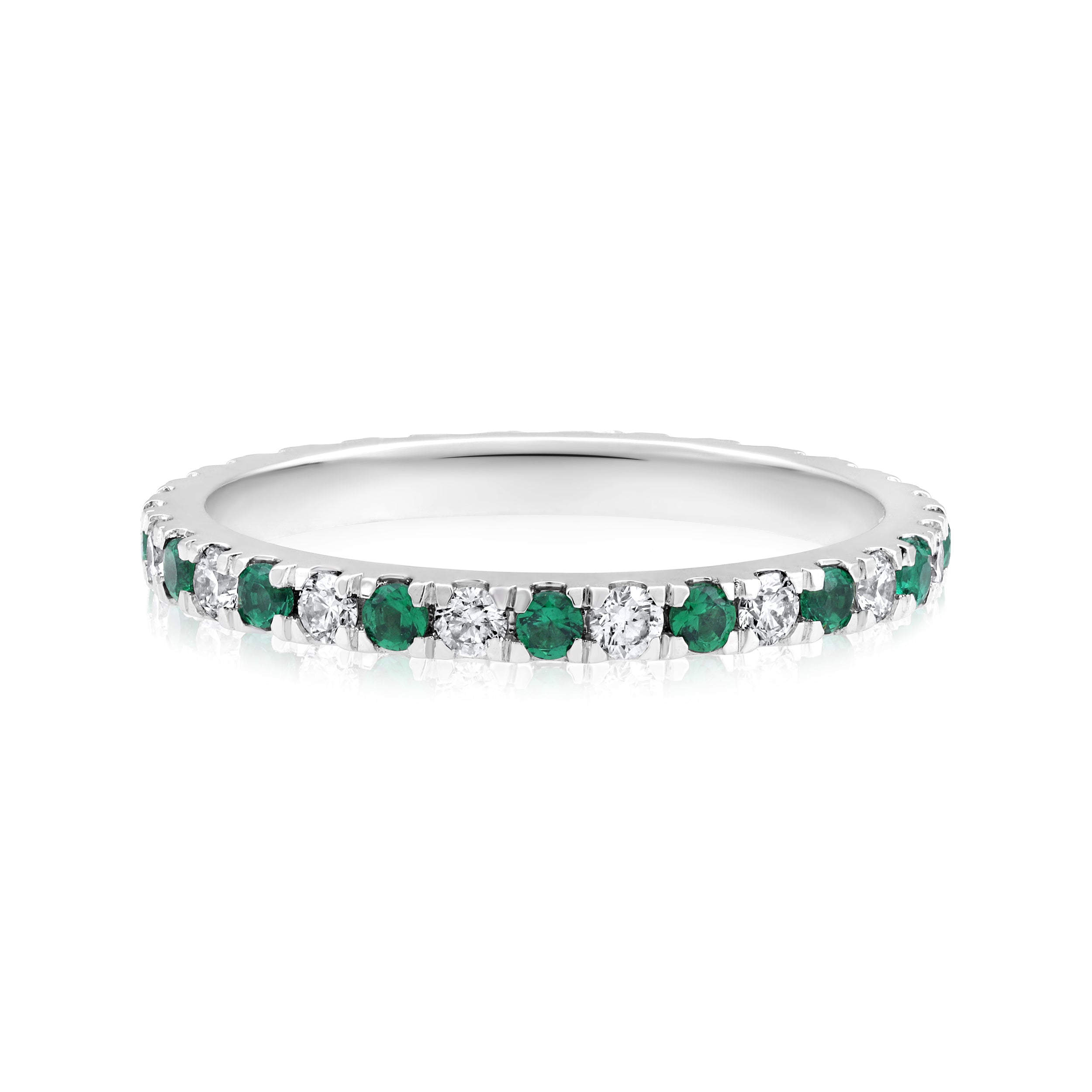 Certified 14K Gold 1.1ct Natural Diamond w Simulated Emerald Thin Full Band White Ring