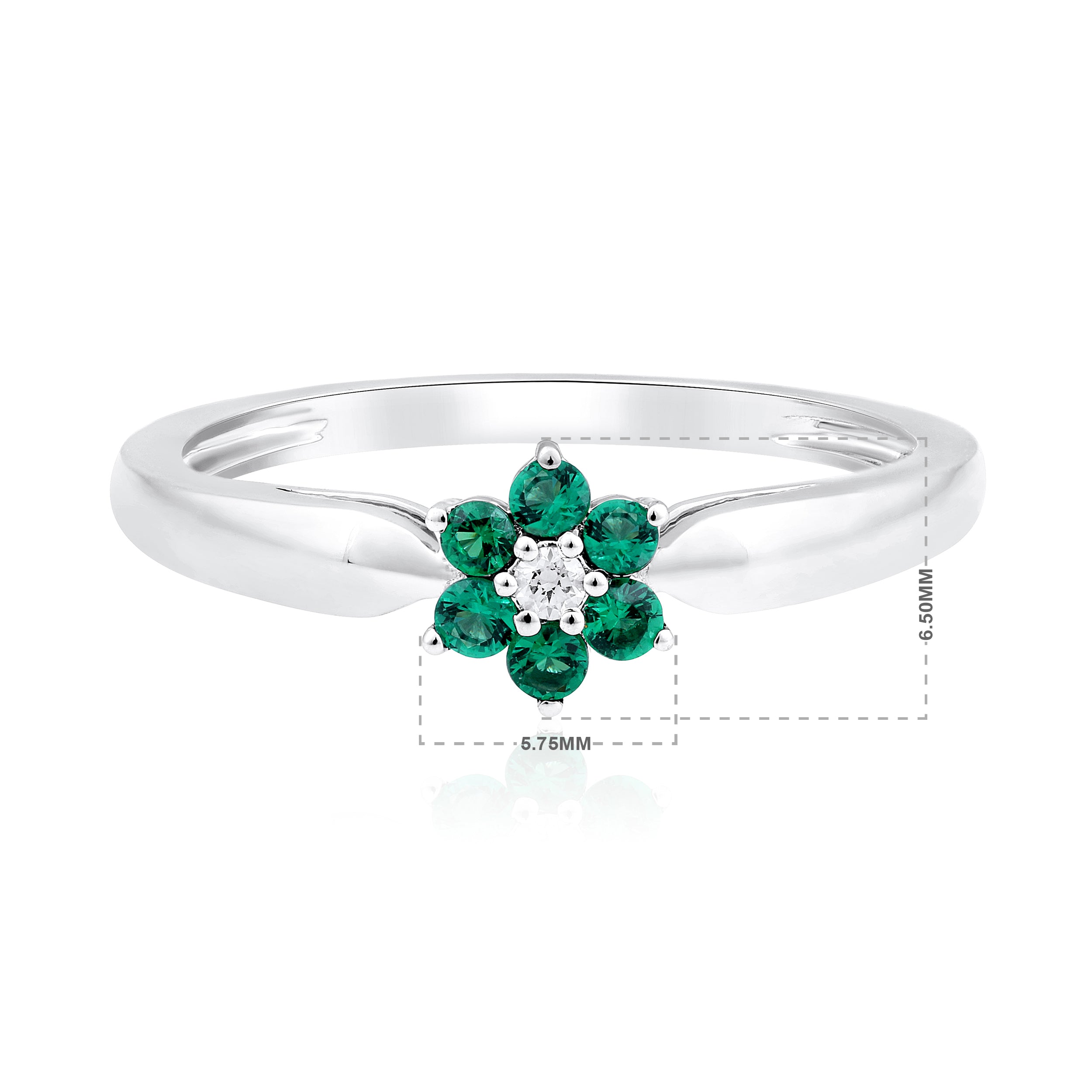 Certified 14K Gold 0.21ct Natural Diamond w/ Simulated Emerald Flower White Ring