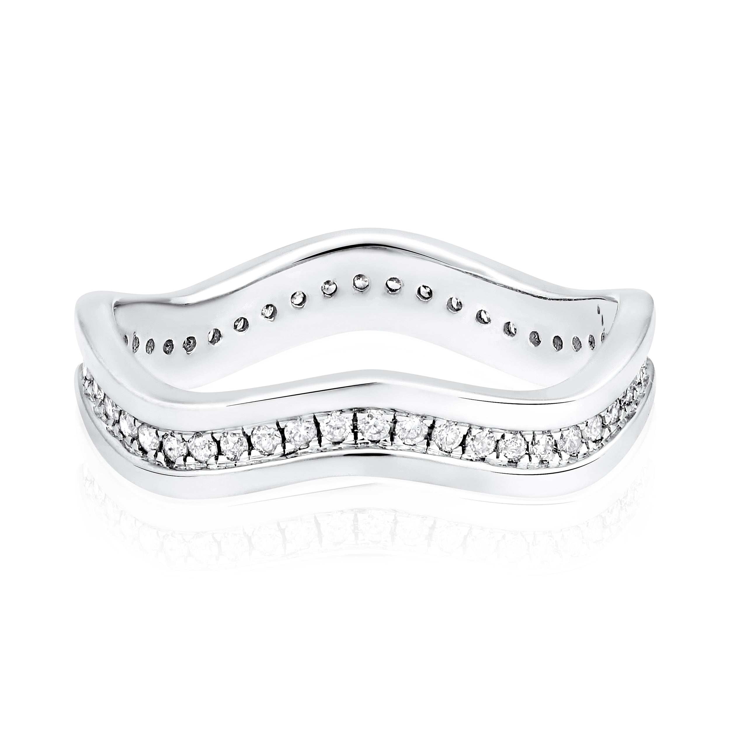 Certified 0.34ct Natural Diamond 10K Gold Curved Wave Stack Band White Ring