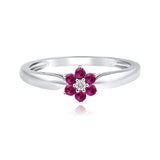 Certified 14K Gold 0.23ct Natural Diamond w/ Simulated Ruby Designer Flower White Ring