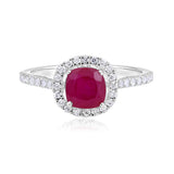 Certified 10K Gold 1.8ct Natural Diamond w/ Simulated Garnet Cushion Halo White Ring