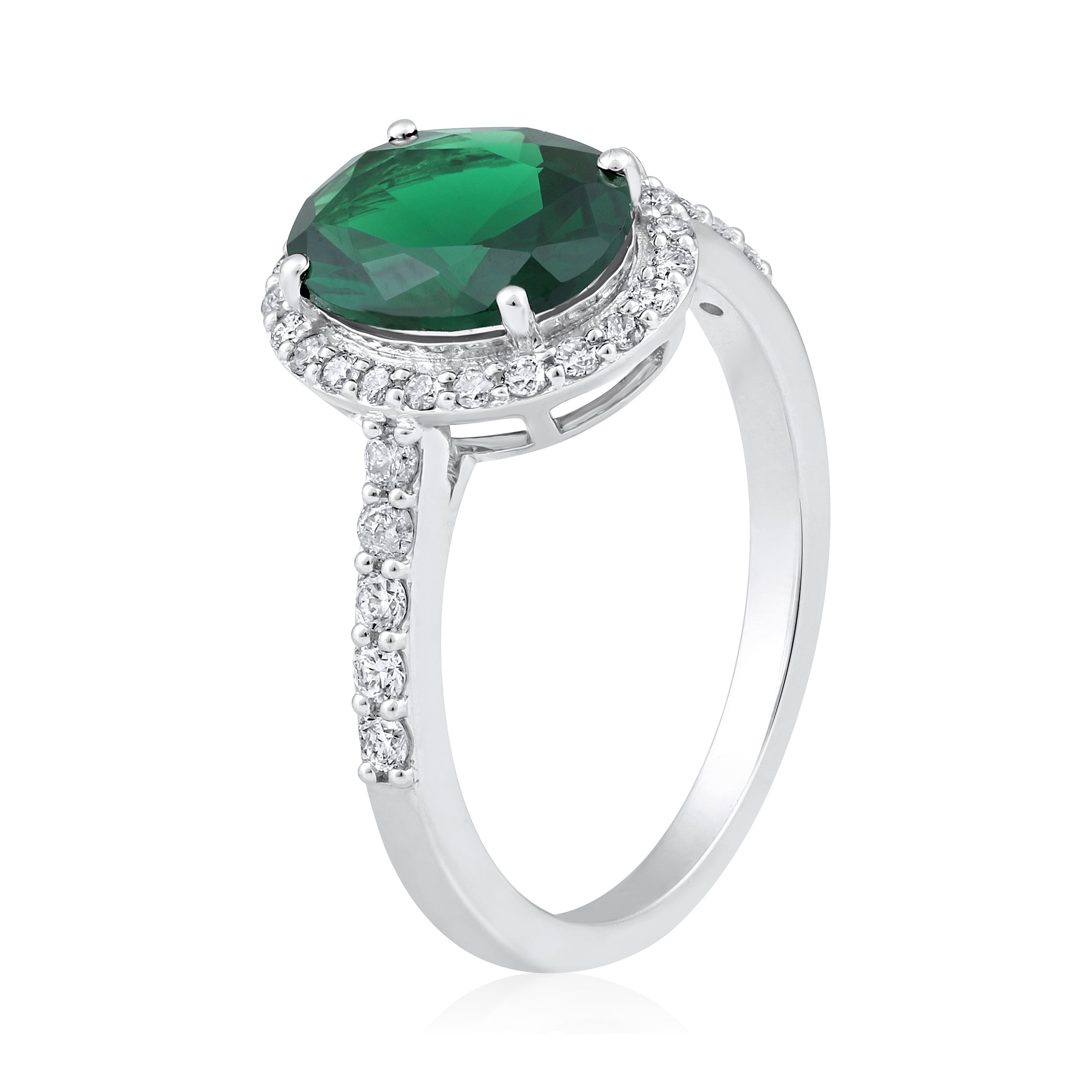 Certified 14K Gold 2.6ct Natural Diamond w/ Simulated Emerald Oval Halo Solitaire White Ring