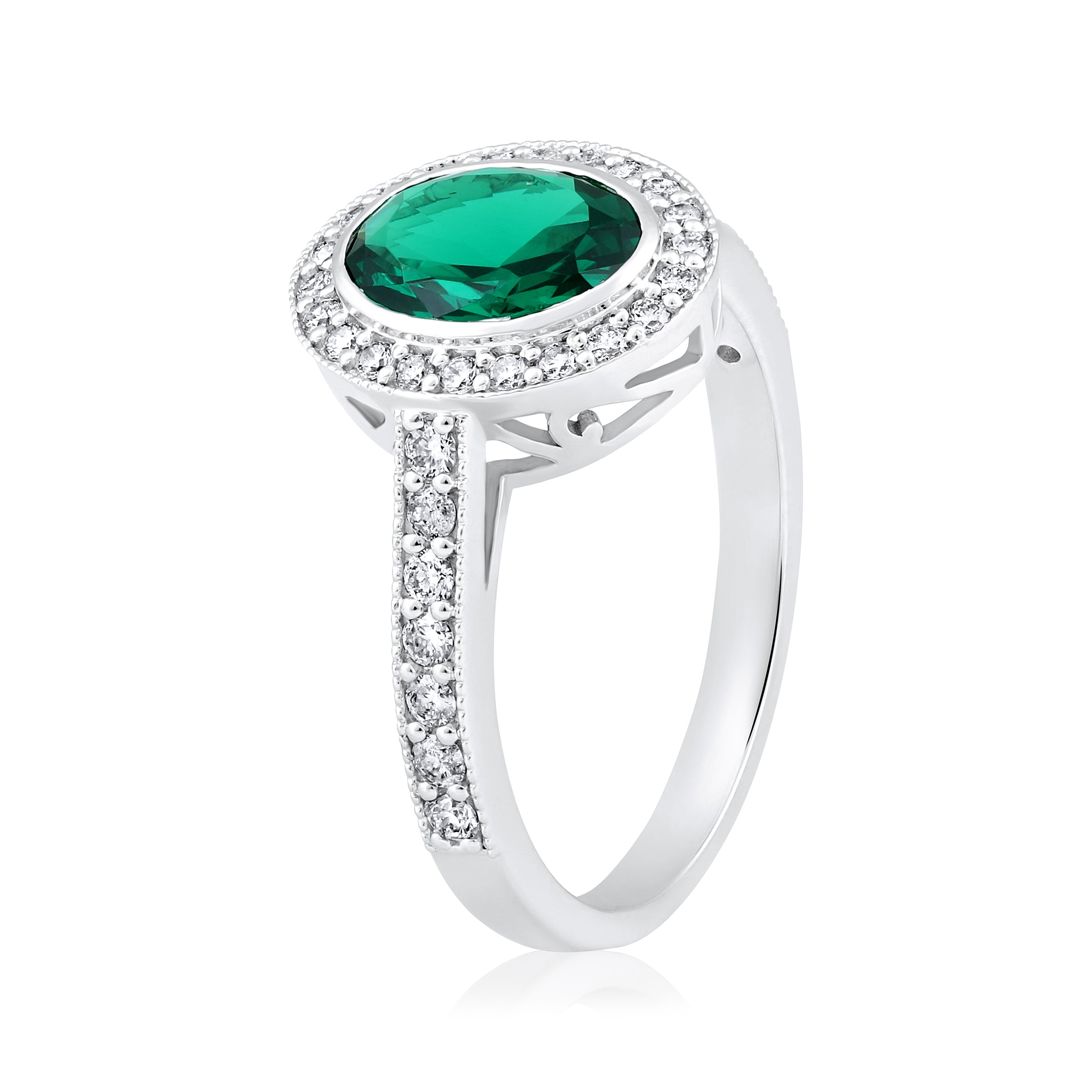 Certified 14K Gold 1.8ct Natural Diamond w/ Simulated Emerald Oval Halo Solitaire White Ring