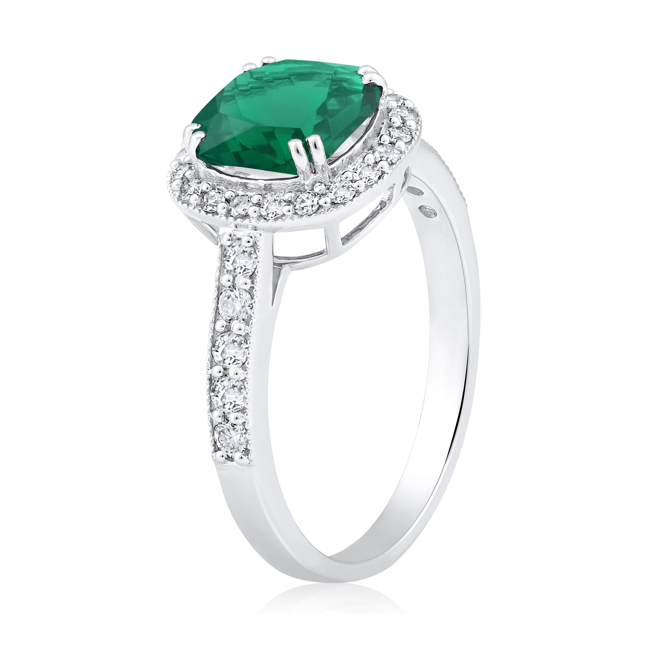 Certified 14K Gold 2.1ct Natural Diamond w/ Simulated Emerald Cushion Halo Solitaire White Ring