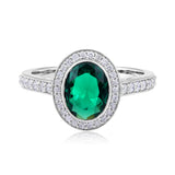 Certified 14K Gold 2ct Natural Diamond w/ Simulated Emerald Oval Halo Solitaire White Ring