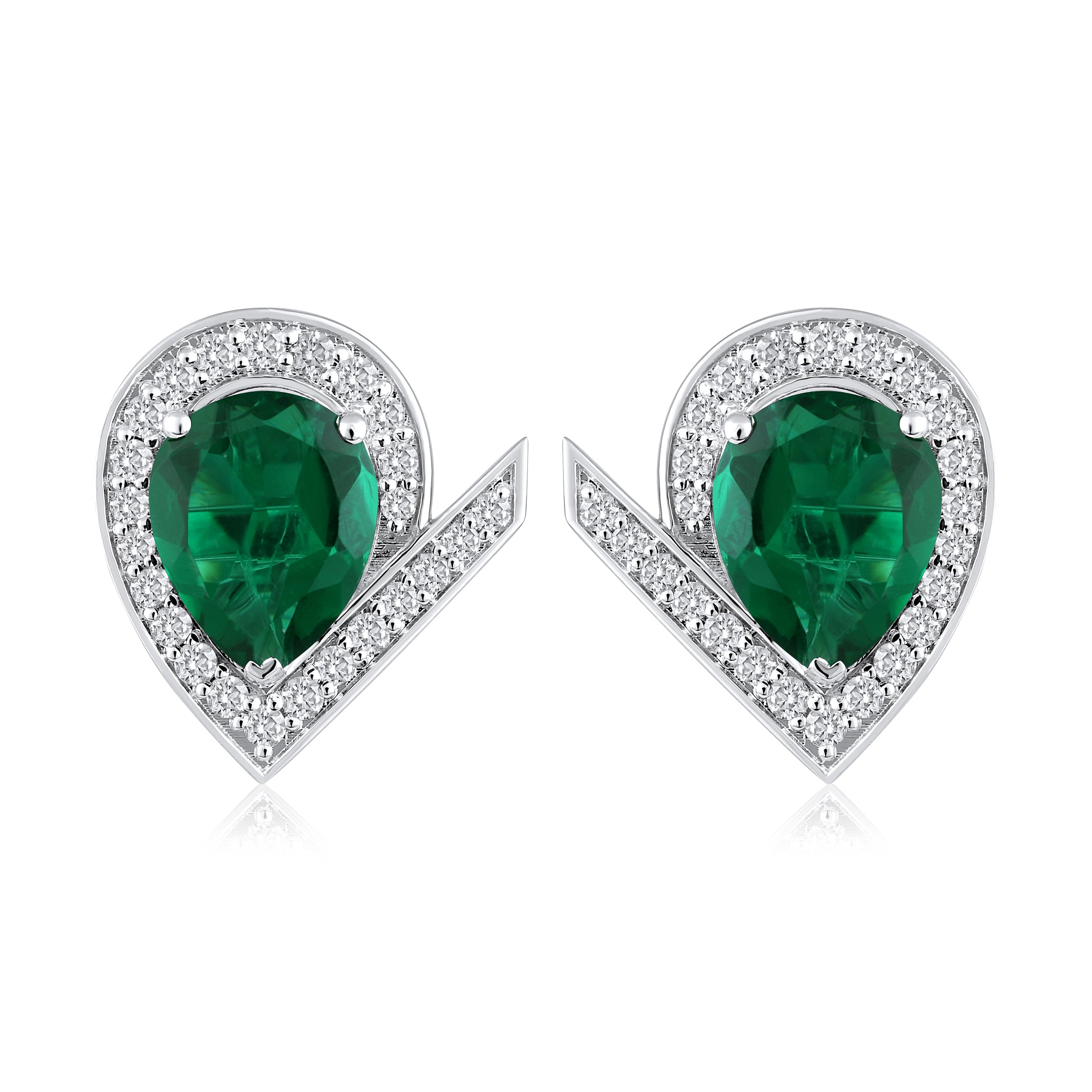 Certified 14K Gold 4ct Natural Diamond w/ Simulated Emerald V Pear Stud White Earrings