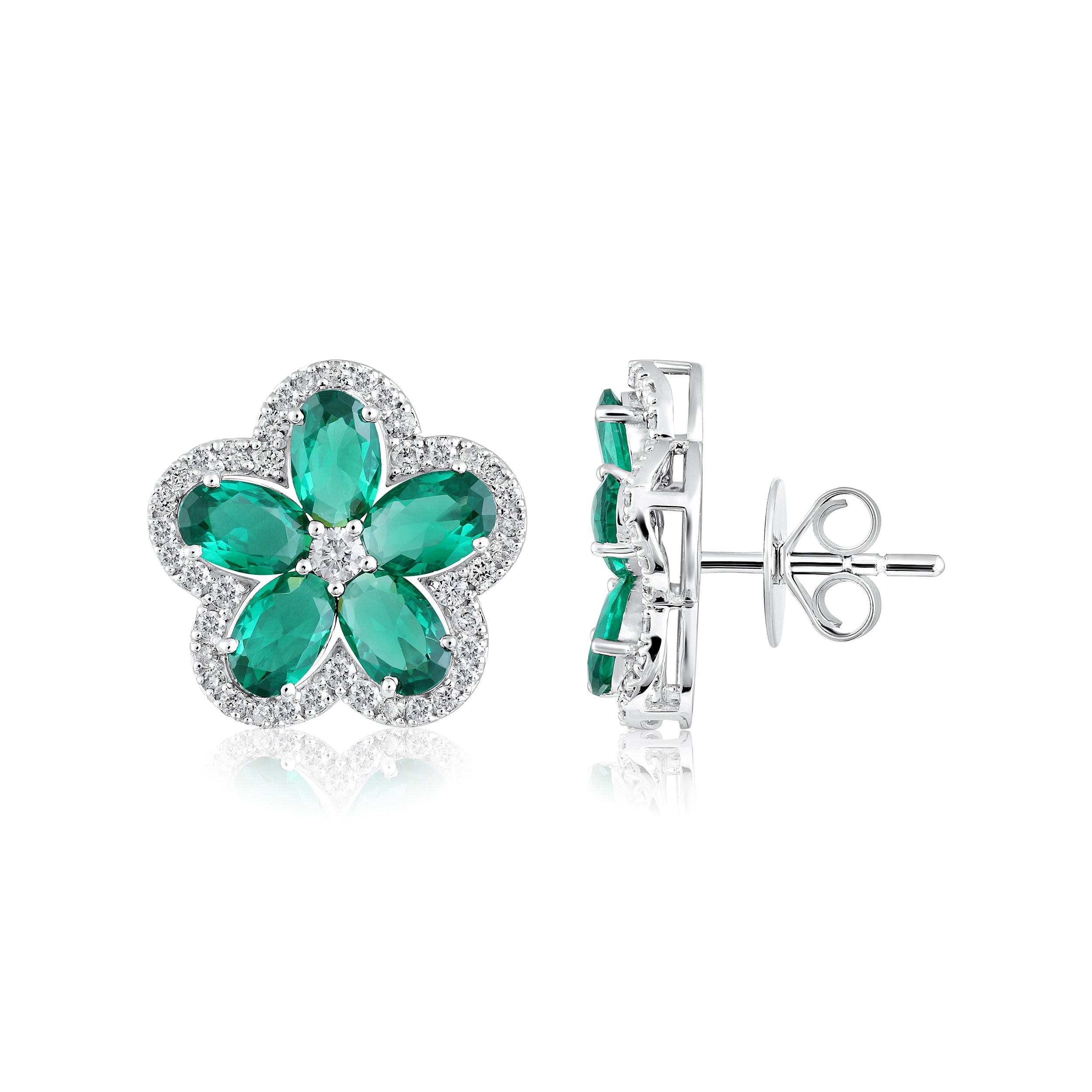 Certified 14K Gold 4.44ct Natural Diamond w/ Simulated Emerald Oval Flower Stud White Earrings