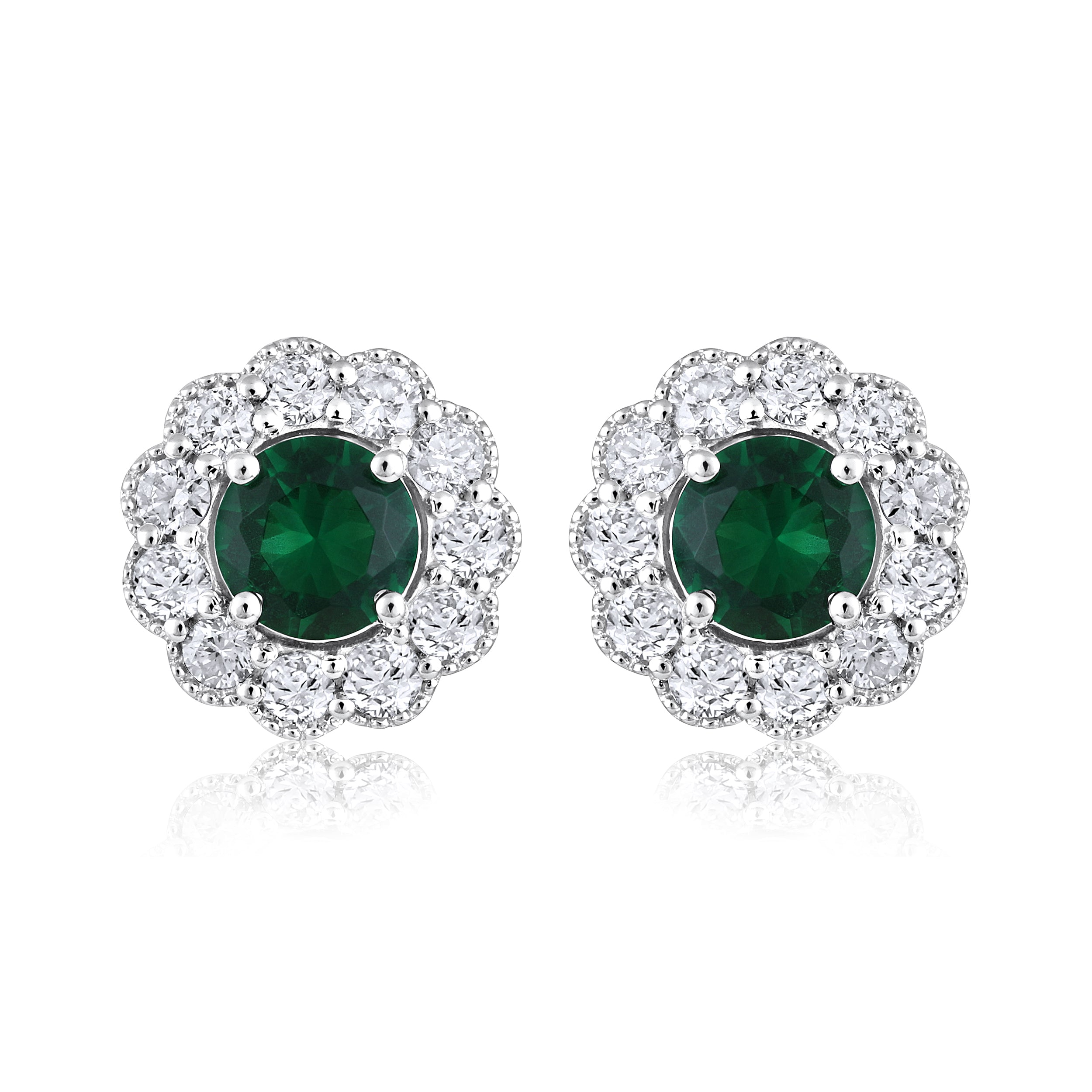 Certified 14K Gold 1.36ct Natural Diamond w/ Simulated Emerald Round Flower Stud White Earrings