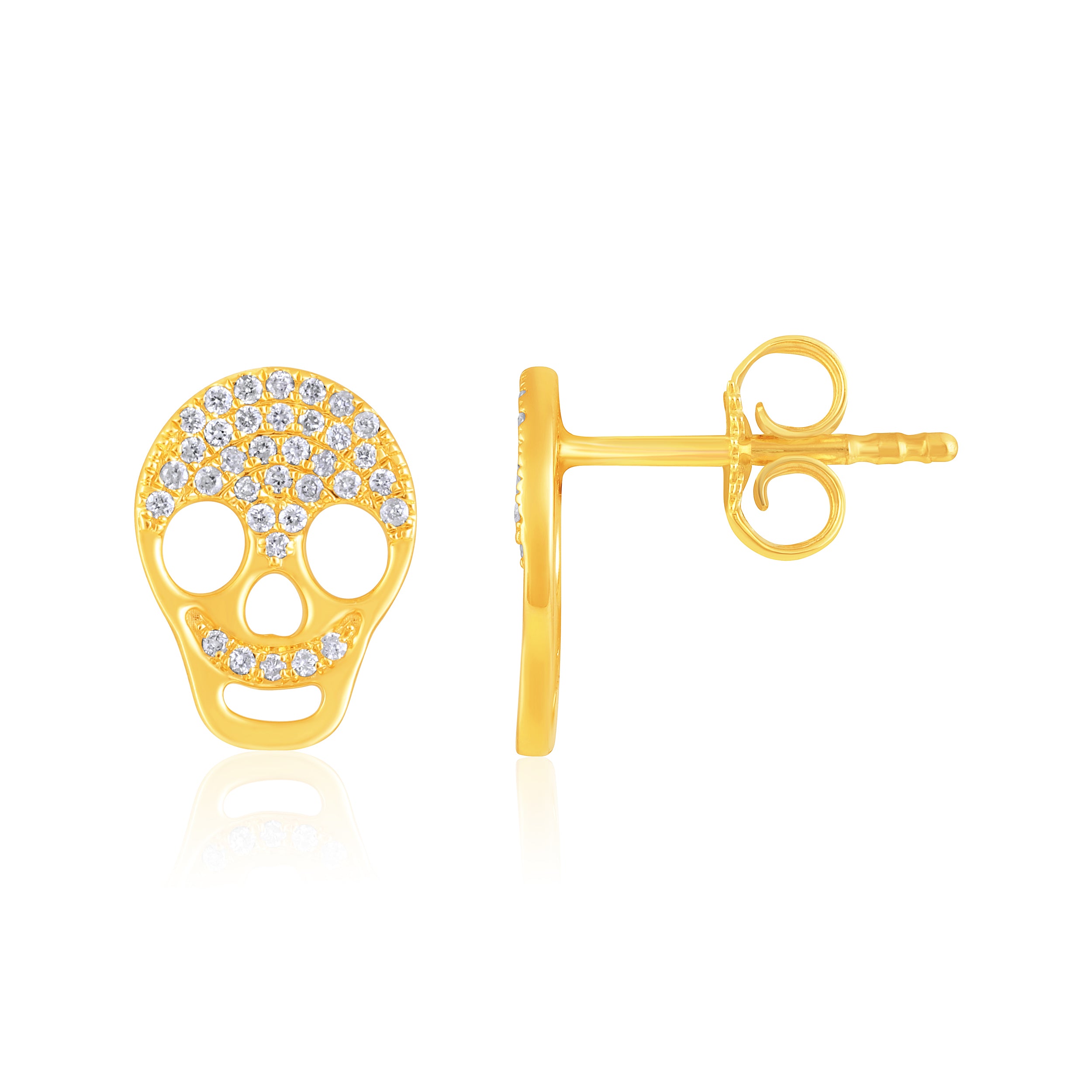 Certified 14K Gold Natural Diamond F-SI Skull Small Charm Stud Yellow Earrings