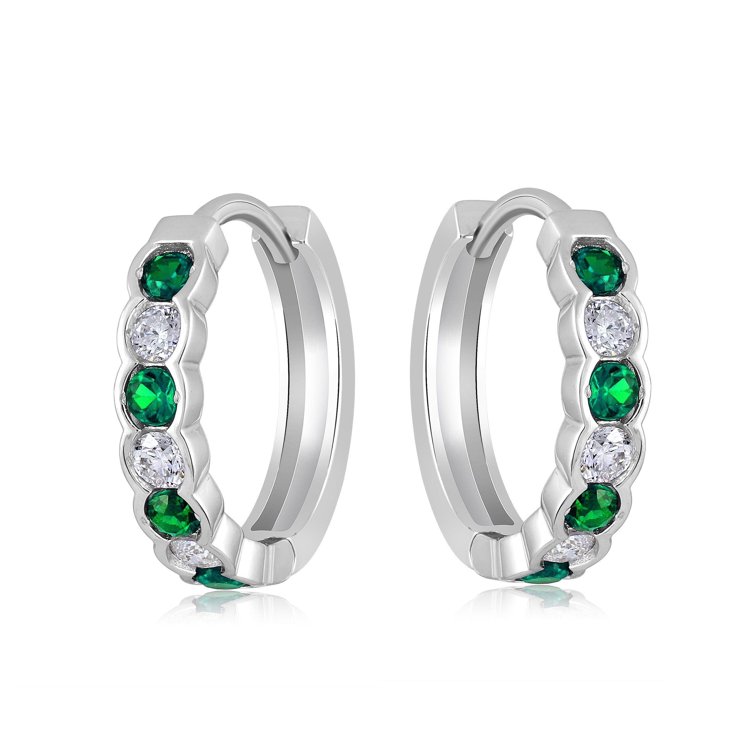Certified 14K Gold 0.44ct Natural Diamond w/ Simulated Emerald Hoop White Earrings