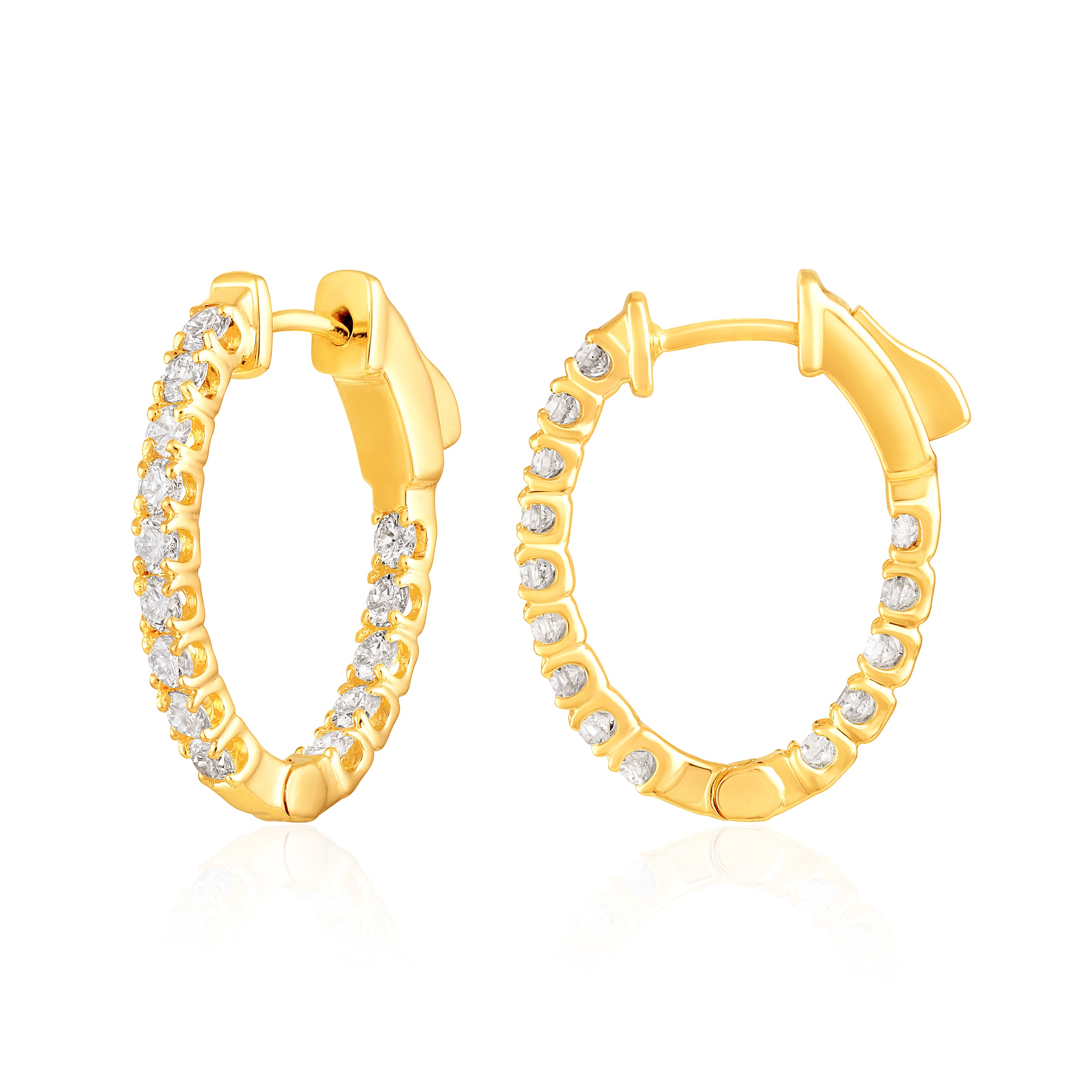 Certified 14K Gold 1ct Natural Diamond F-SI Oval Inside Outside 20mm Hoop Earrings