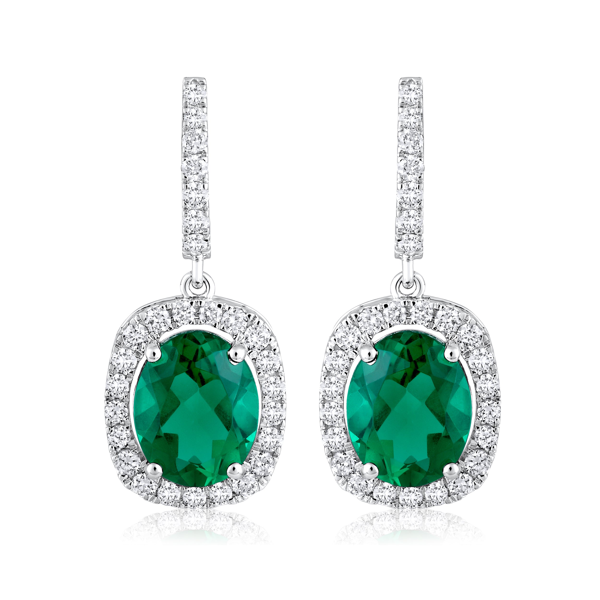 Certified 14K Gold 5.6ct Natural Diamond w/ Simulated Emerald Oval Drop Dangle White Earrings