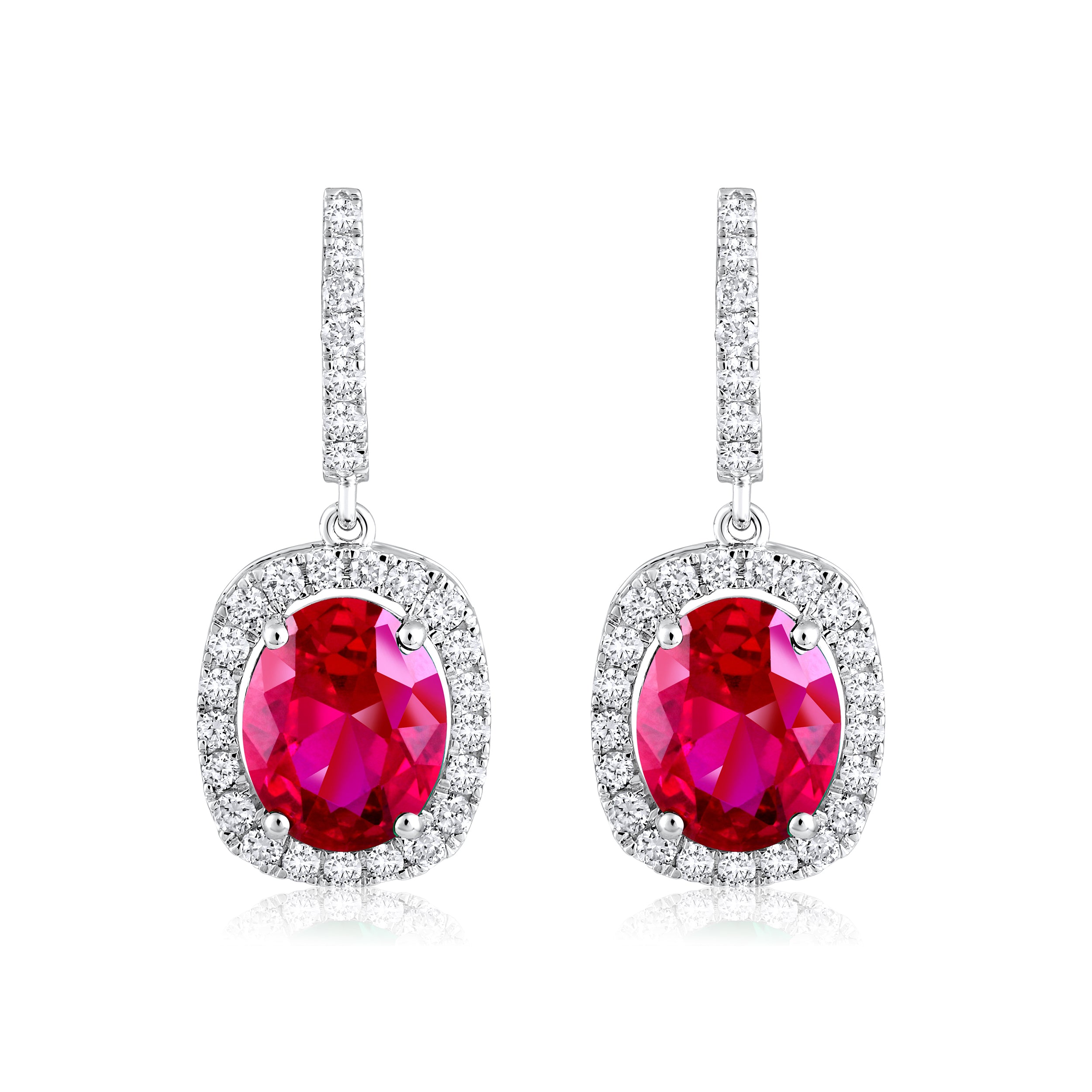 Certified 14K Gold 7.3ct Natural Diamond w/ Simulated Ruby Oval Drop Dangle Earrings